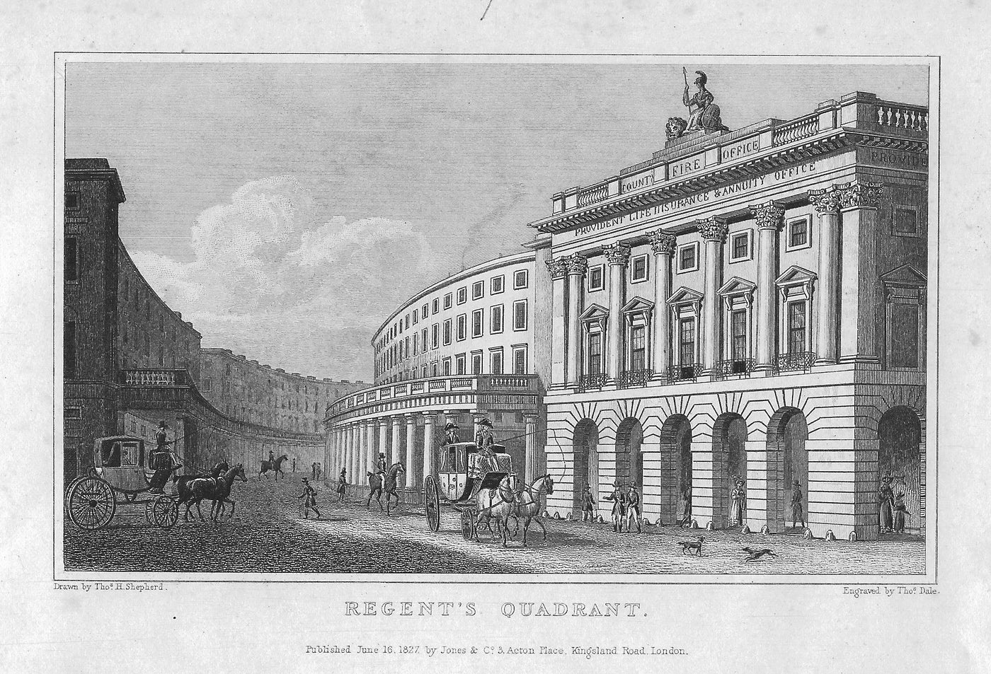 Regent Street Quadrant London antique print 1828