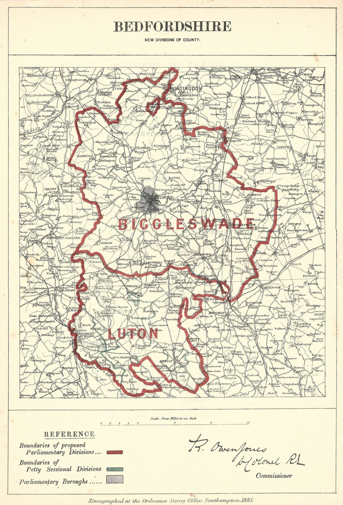 Bedfordshire Boundary Commission antique map published 1885