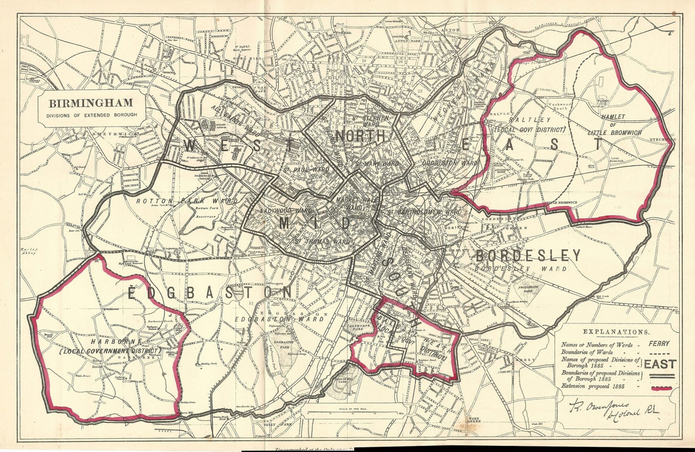 Birmingham antique map Boundary Commission 1885