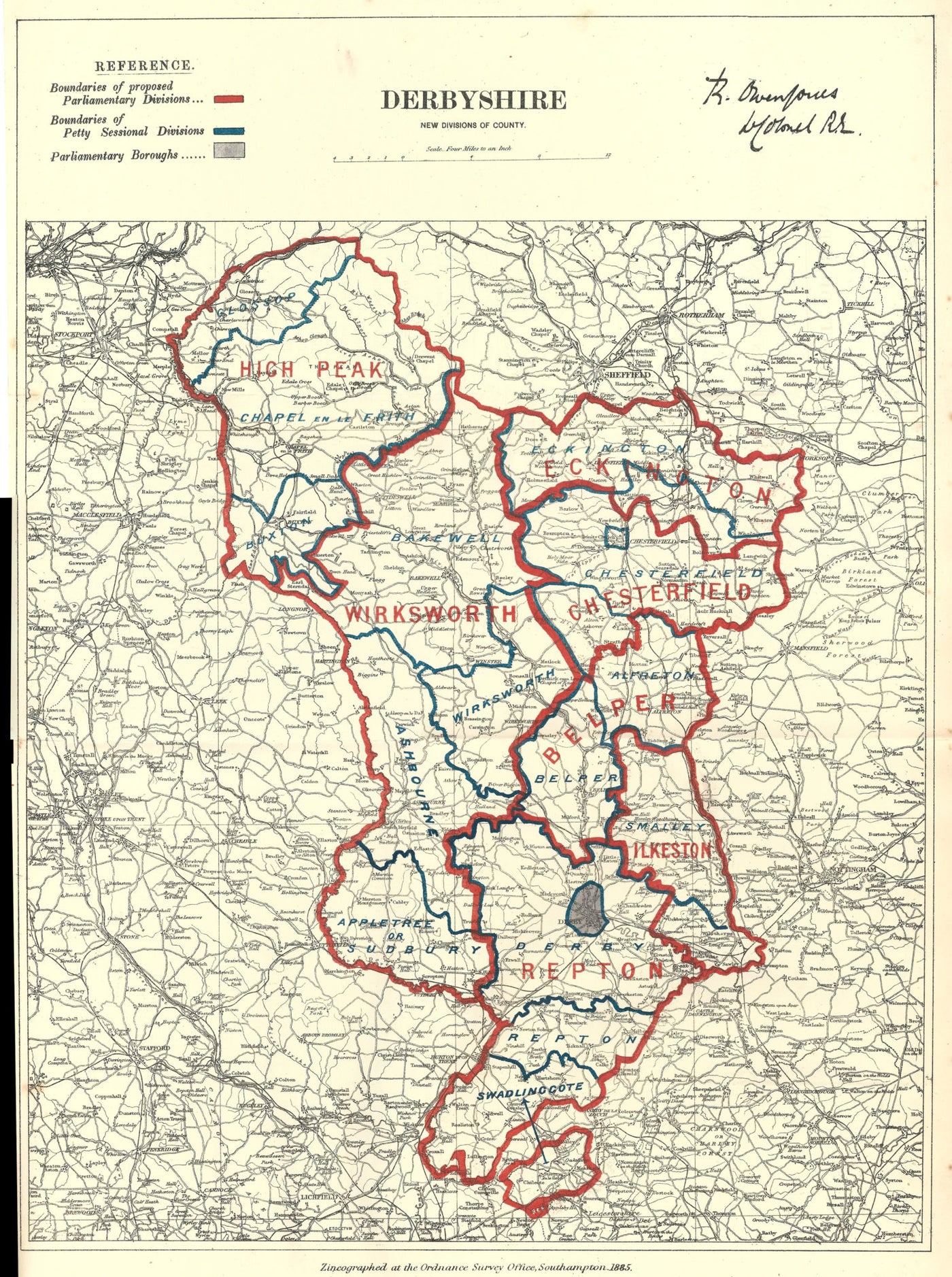 Derbyshire antique map Boundary Commission 1885
