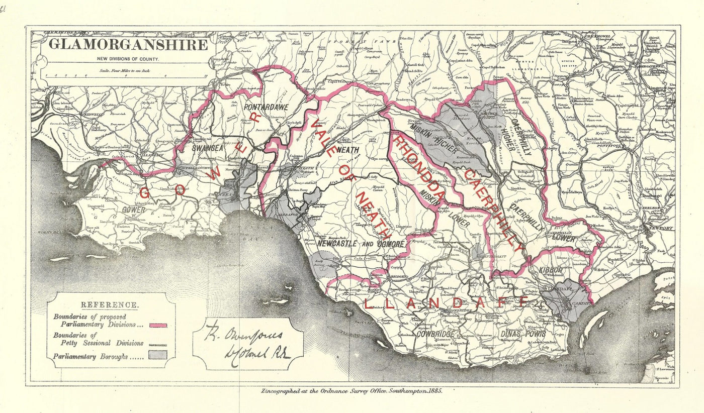 Glamorganshire antique map Boundary Commission 1885