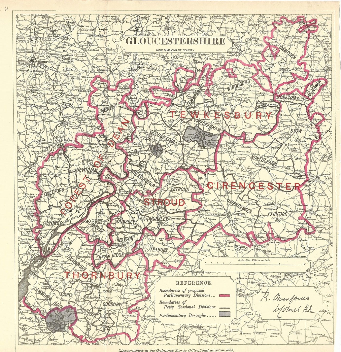 Gloucestershire antique map Boundary Commission 1885