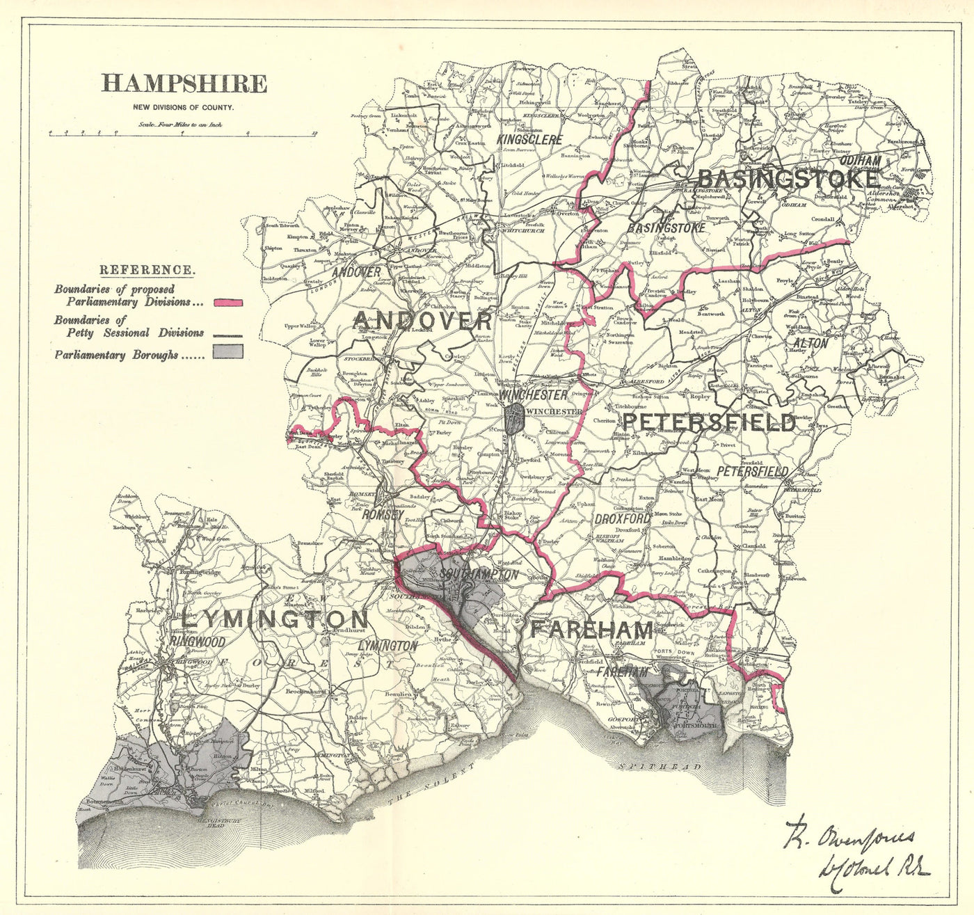 Hampshire antique map Boundary Commission 1885