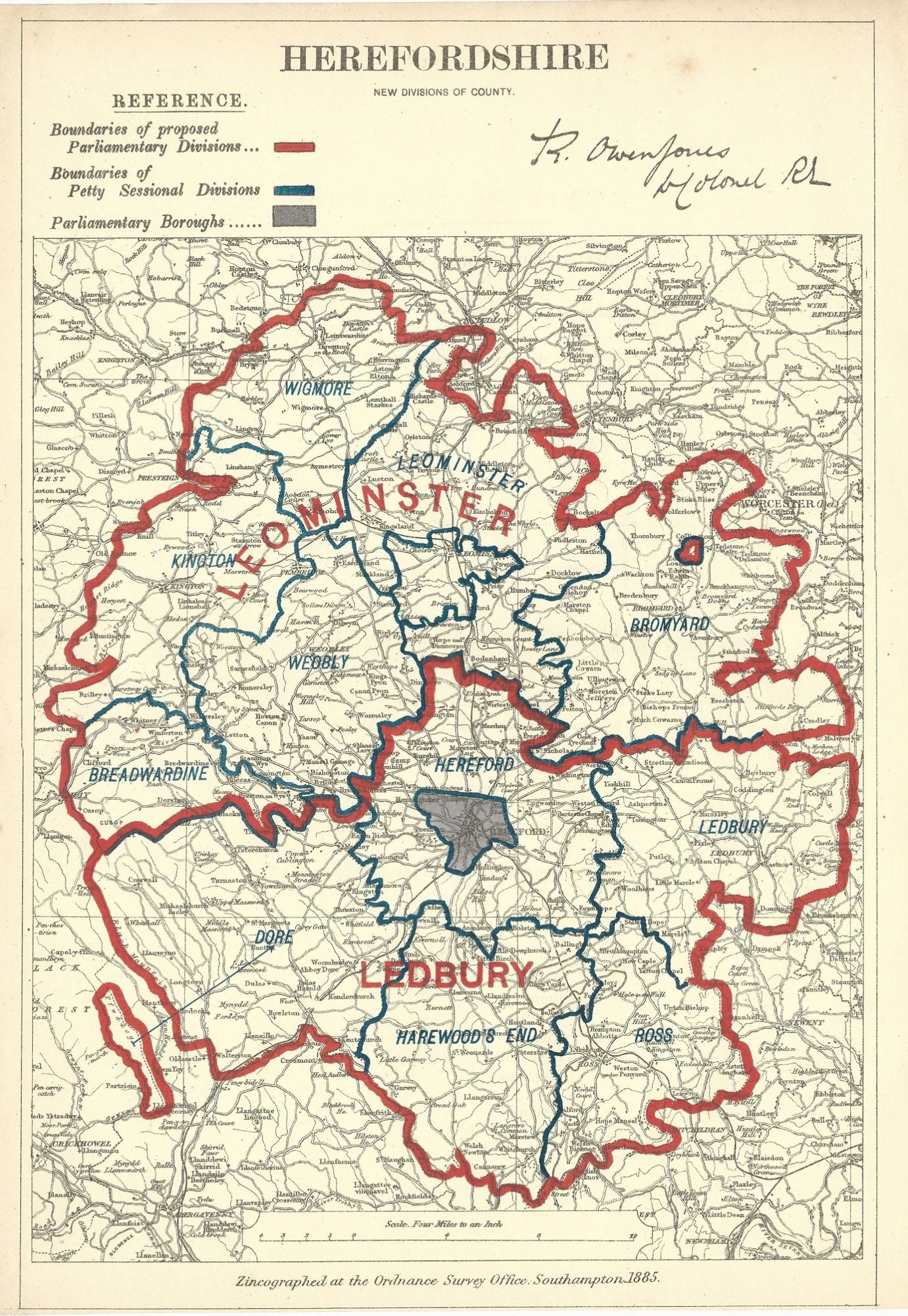 Herefordshire antique map Boundary Commission 1885