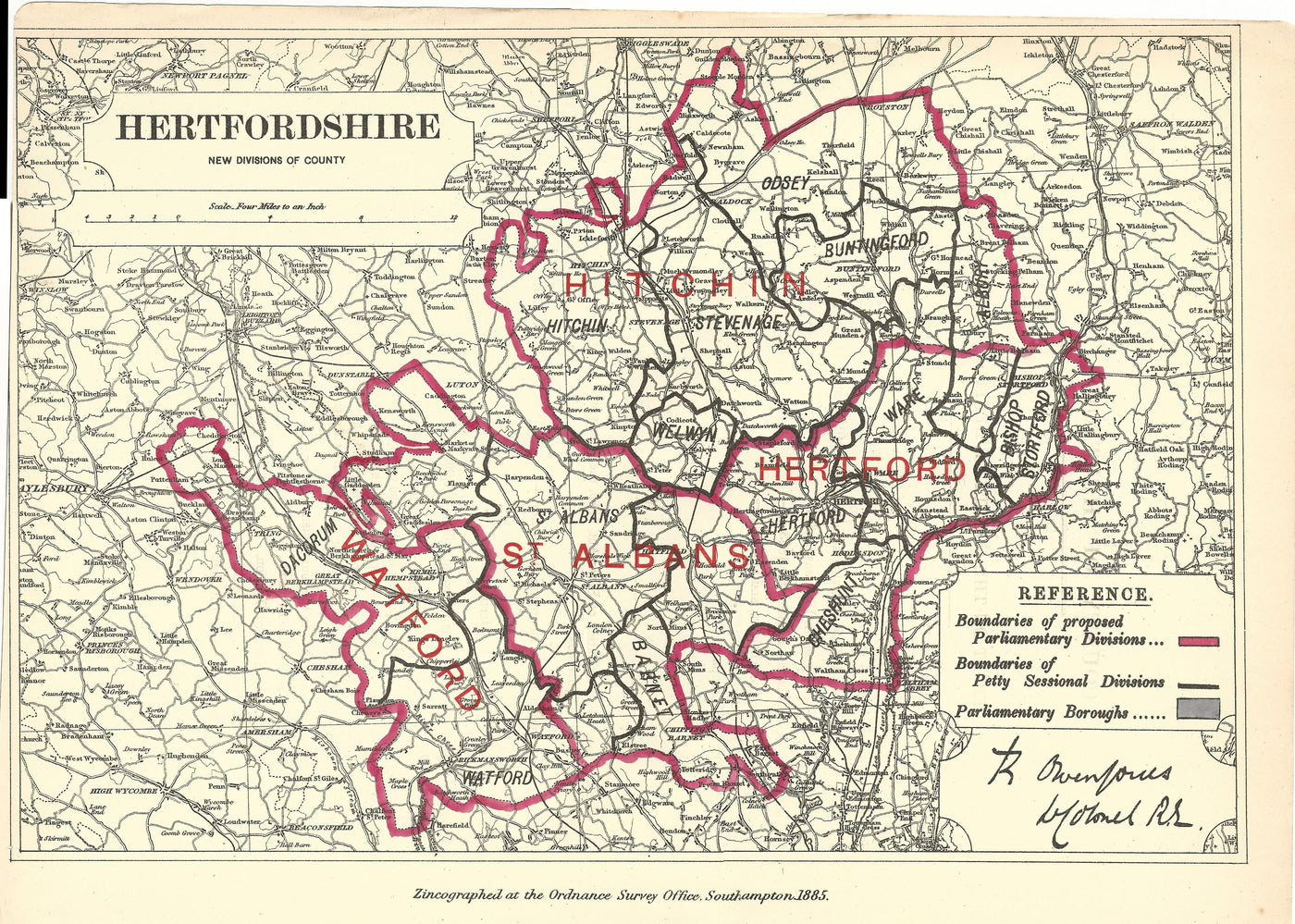 Hertfordshire antique map Boundary Commission 1885