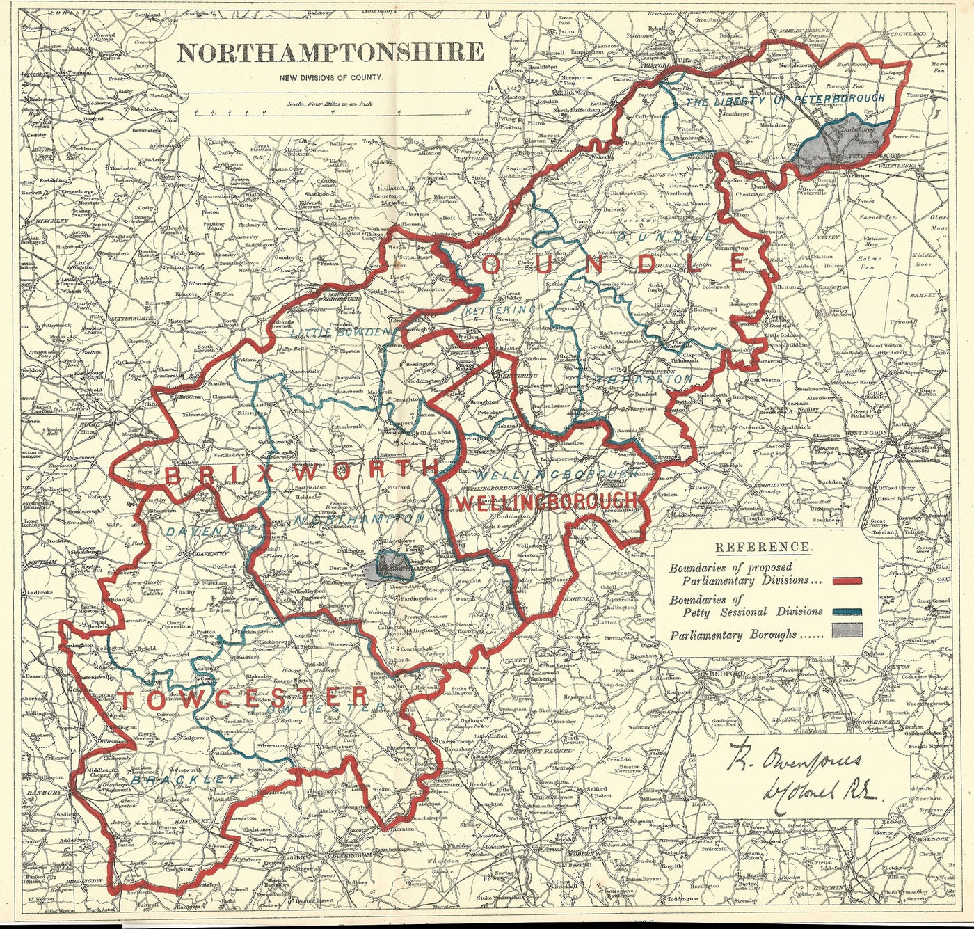 Northamptonshire antique map Boundary Commission 1885
