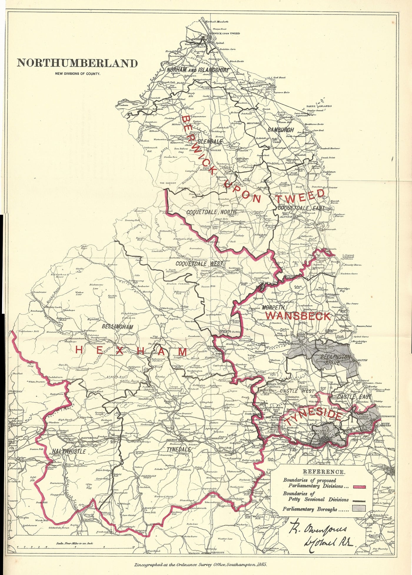 Northumberland antique map Boundary Commission 1885