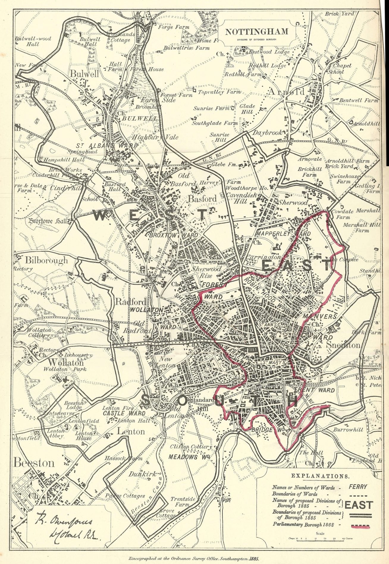 Nottingham antique map Boundary Commission 1885