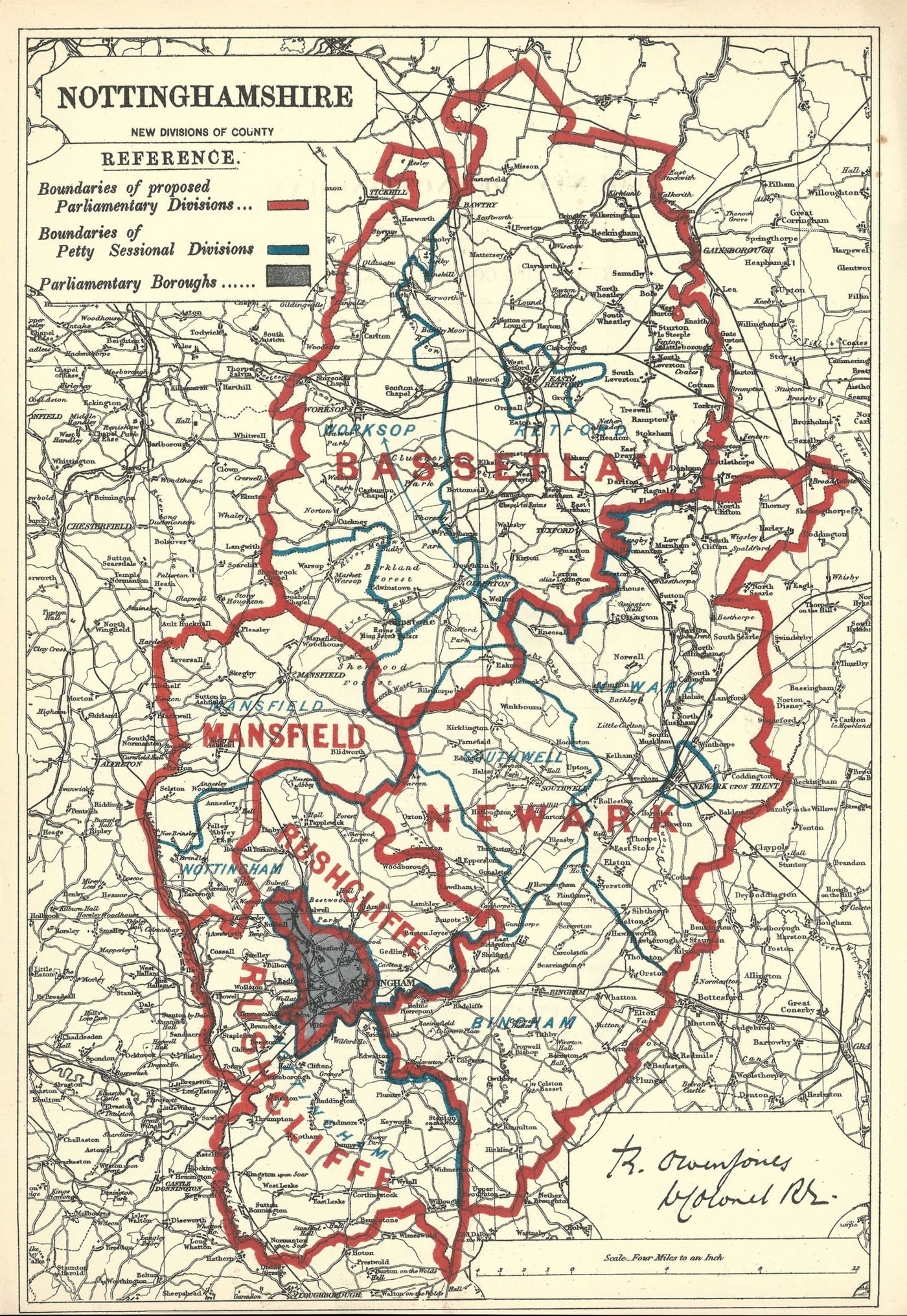 Nottinghamshire antique map Boundary Commission 1885