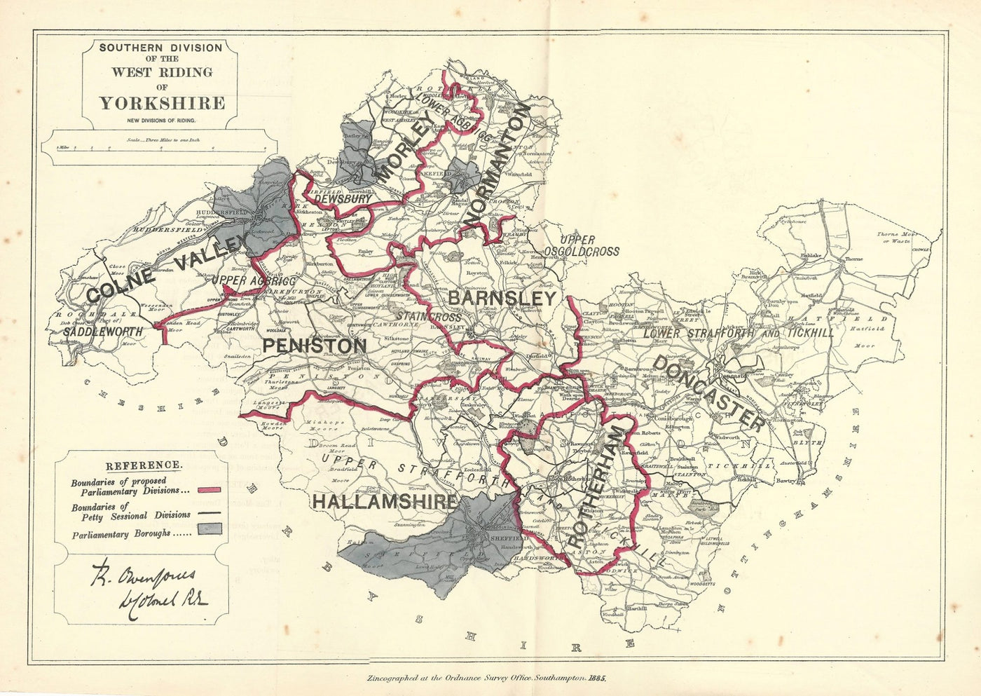 Yorkshire West Riding Southern Parliamentary Division antique map 1885