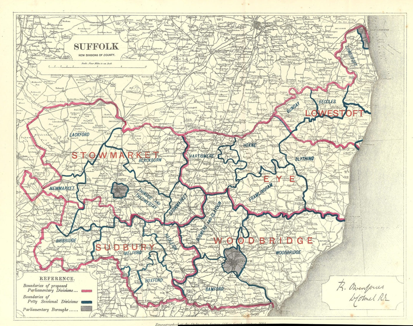 Suffolk antique map Boundary Commission 1885