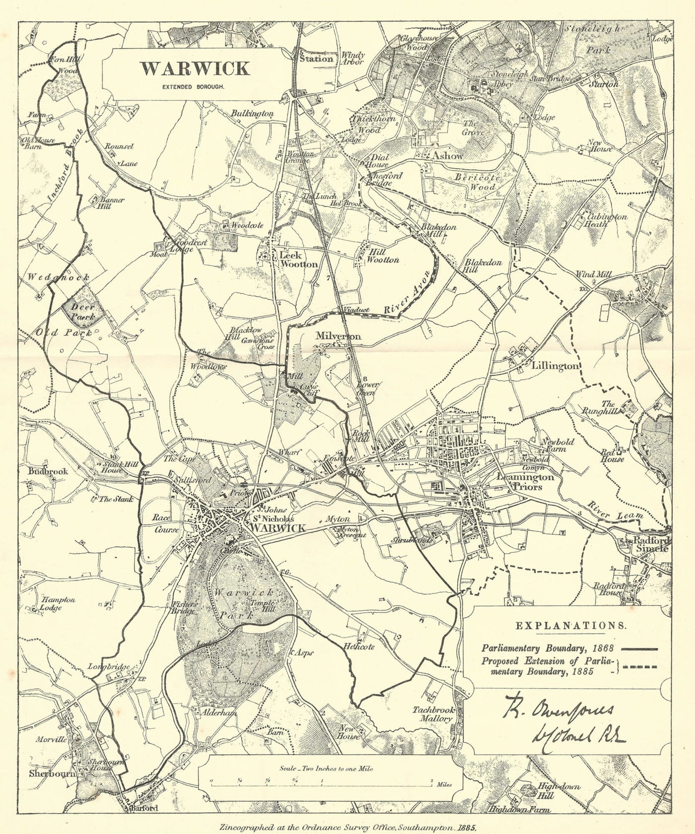Warwick antique map Ordnance Survey 1885