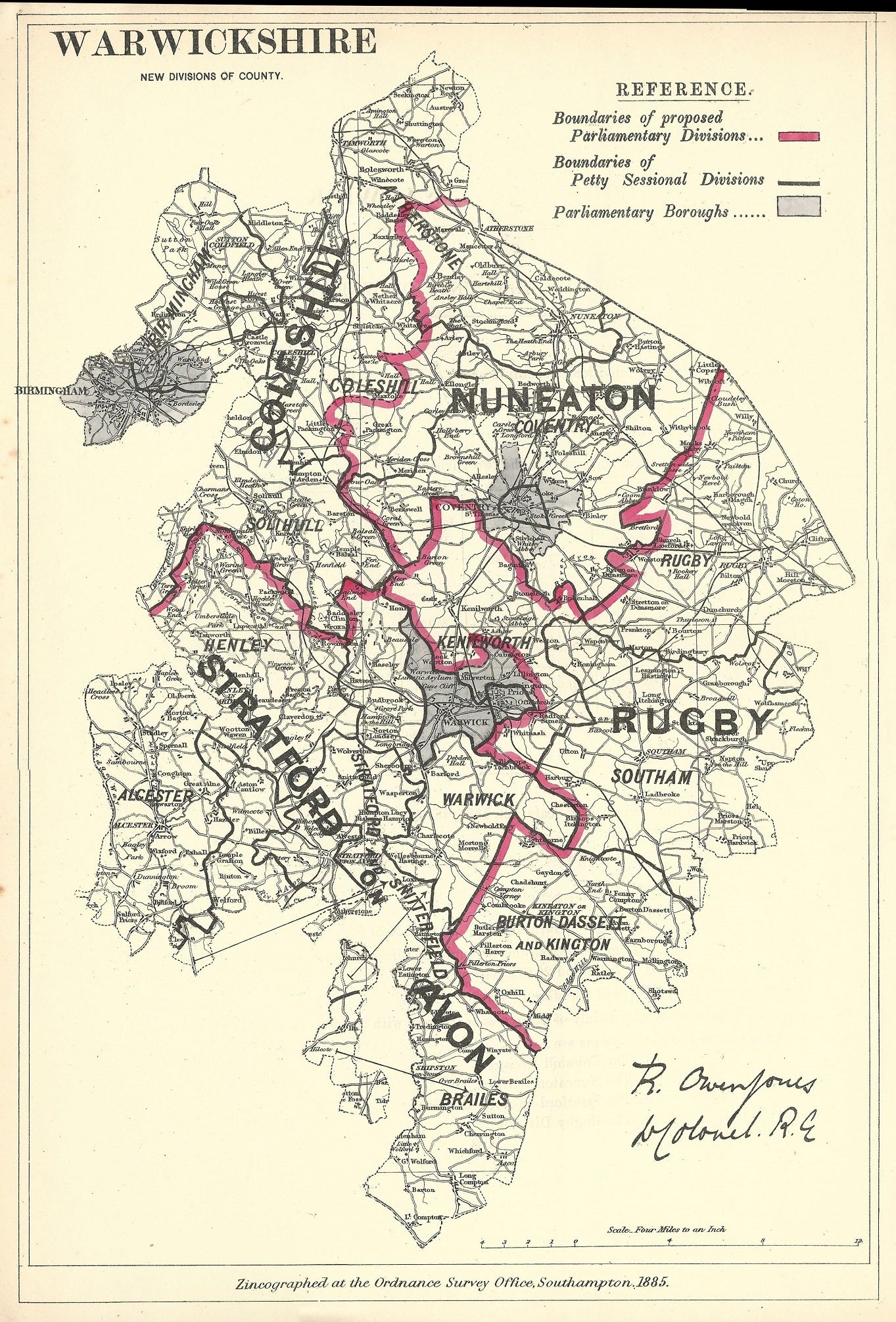Warwickshire antique map Boundary Commission 1885