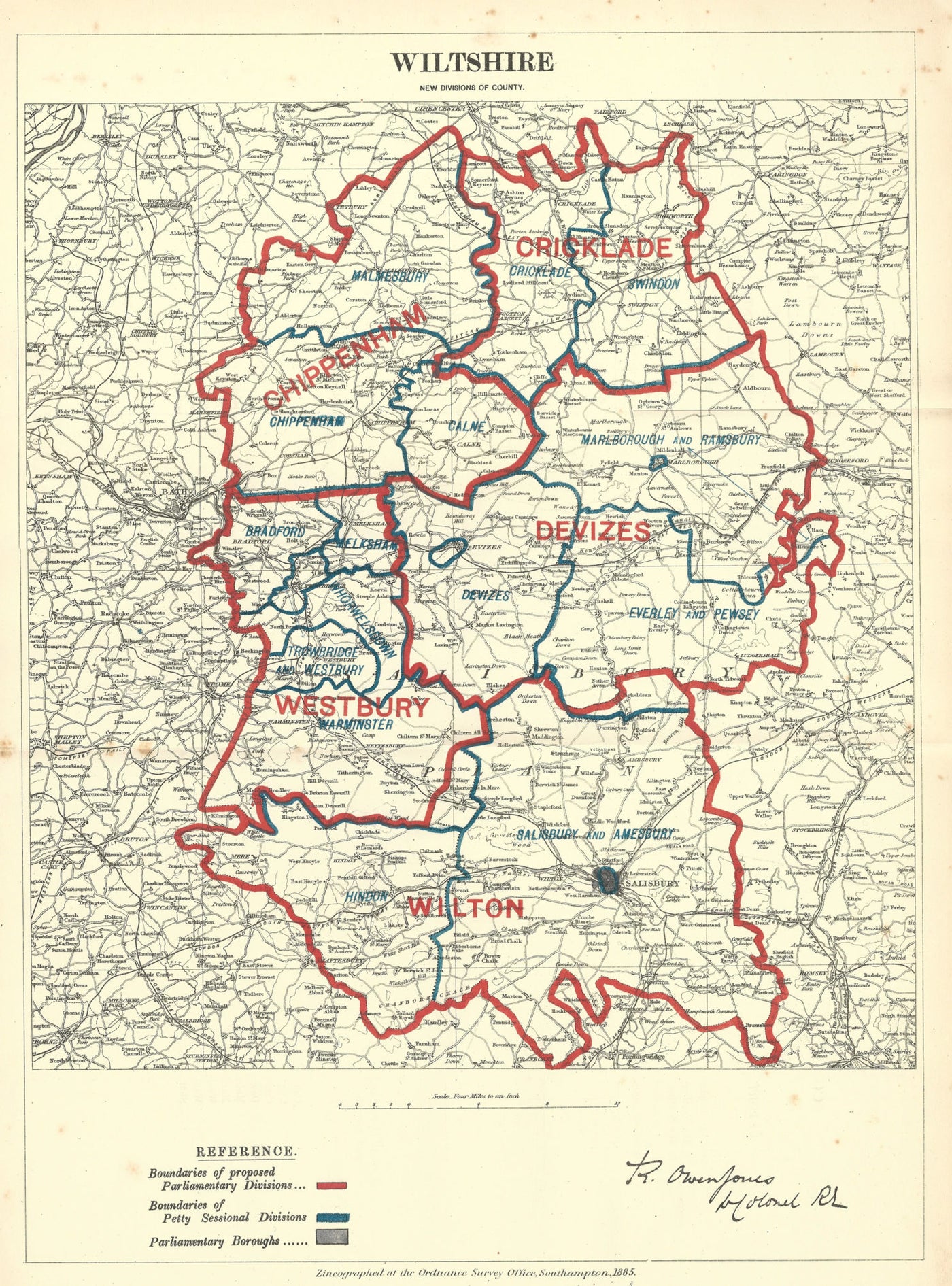 Wiltshire antique map Boundary Commission 1885