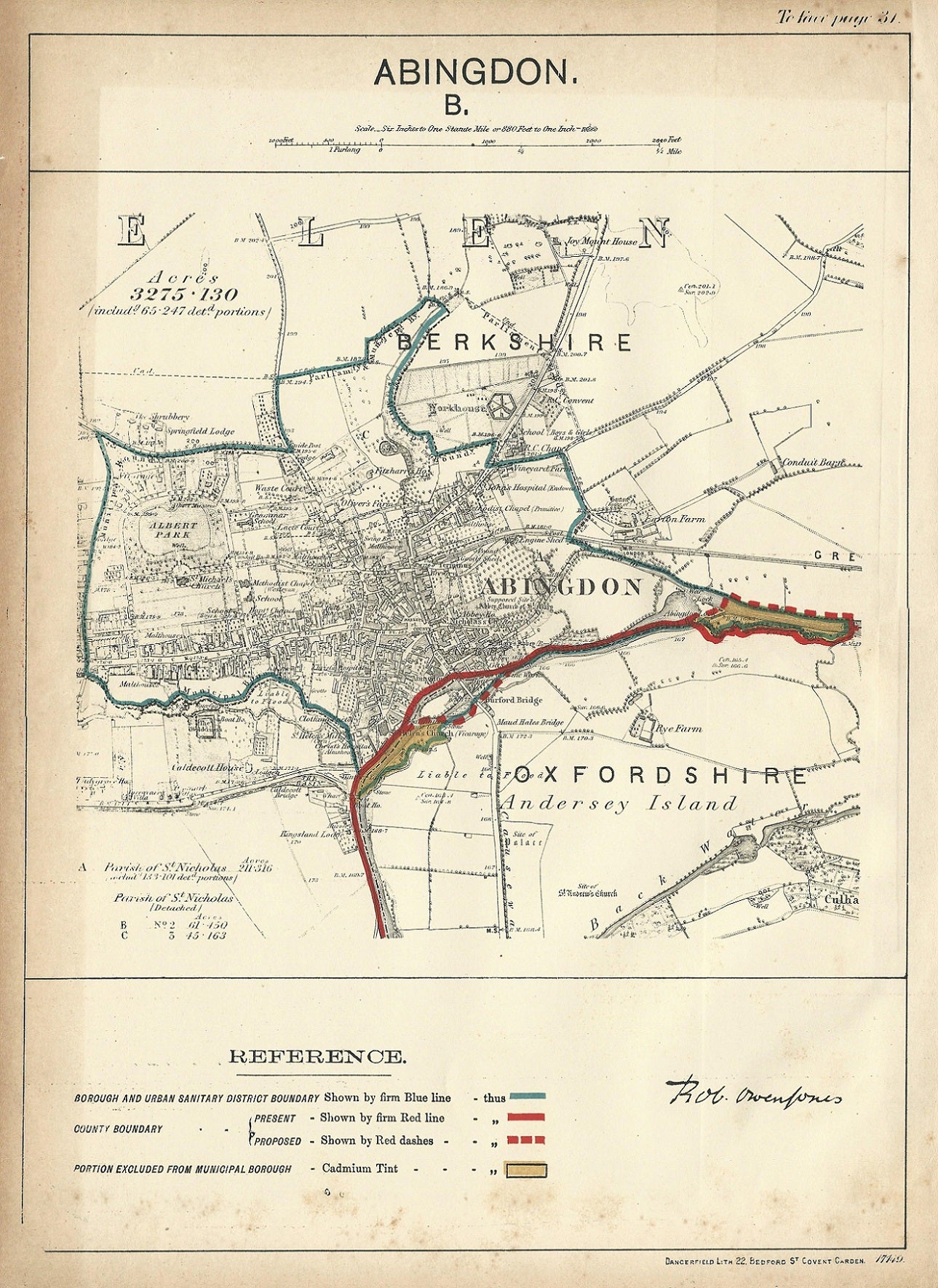 Abingdon Oxfordshire Boundary Commission antique map 1888