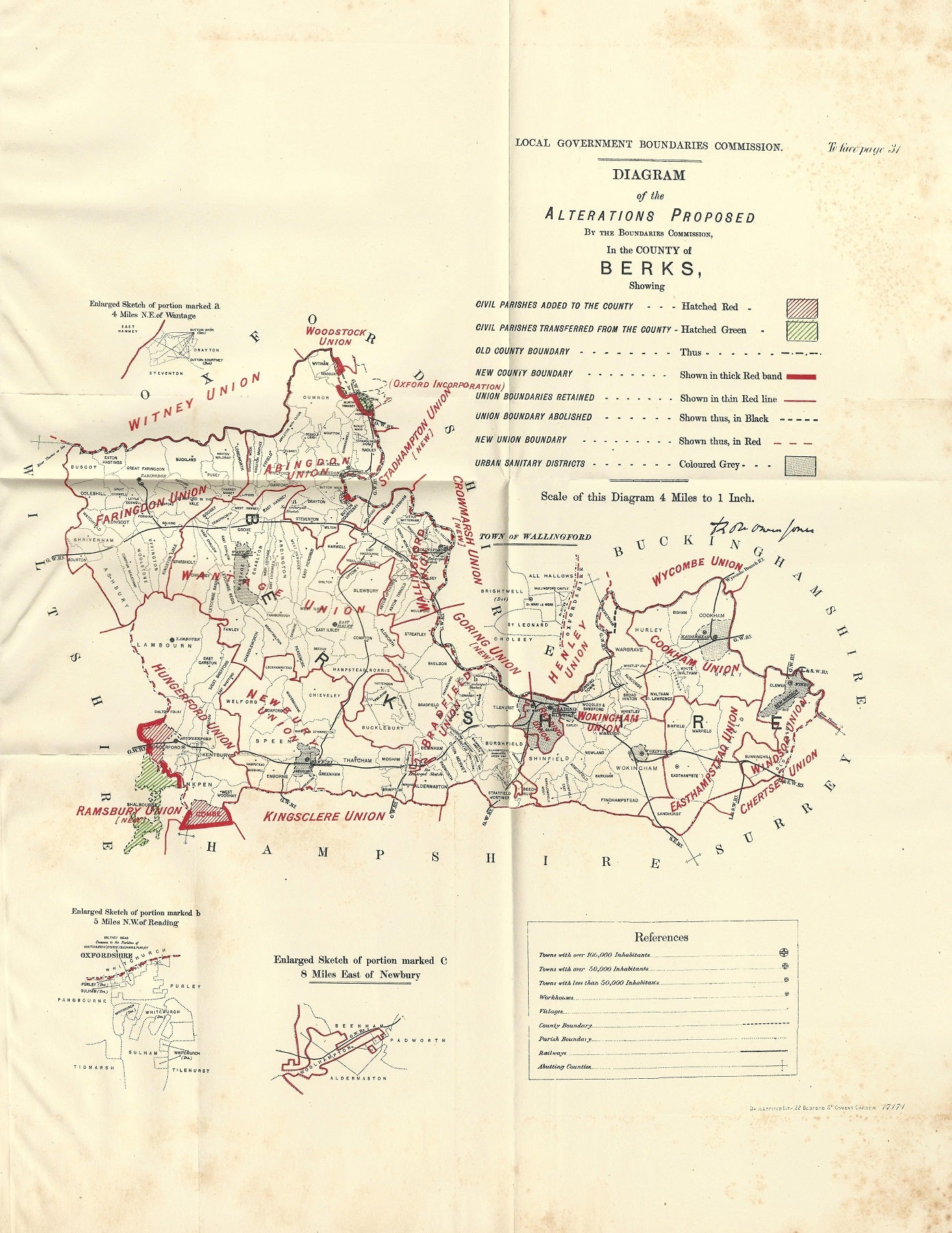 Berkshire antique map Ordnance Survey Boundary Commission Report 1888