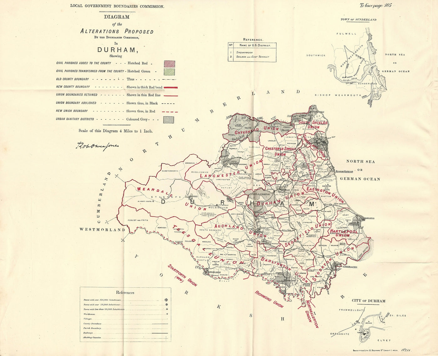Durham antique map Ordnance Survey Boundary Commission Report 1888