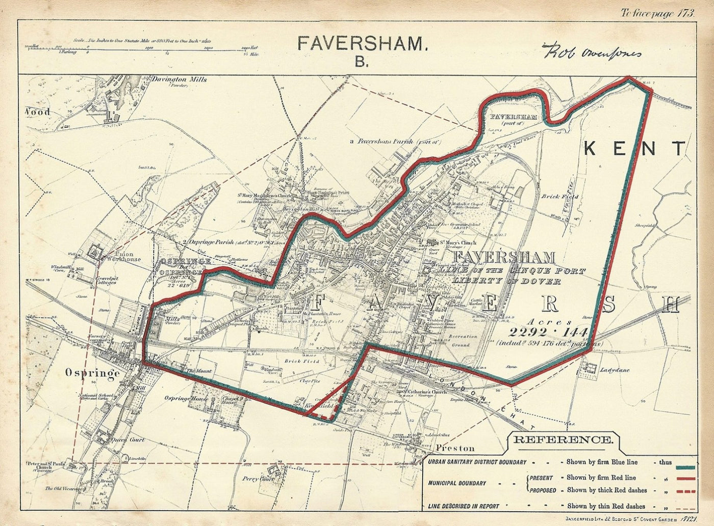 Faversham Kent antique map Ordnance Survey Boundary Commission Report 1888
