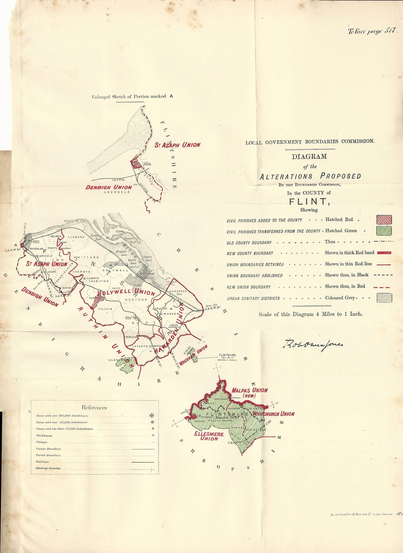 Flintshire Wales antique map OrdnanceSurvey 1888