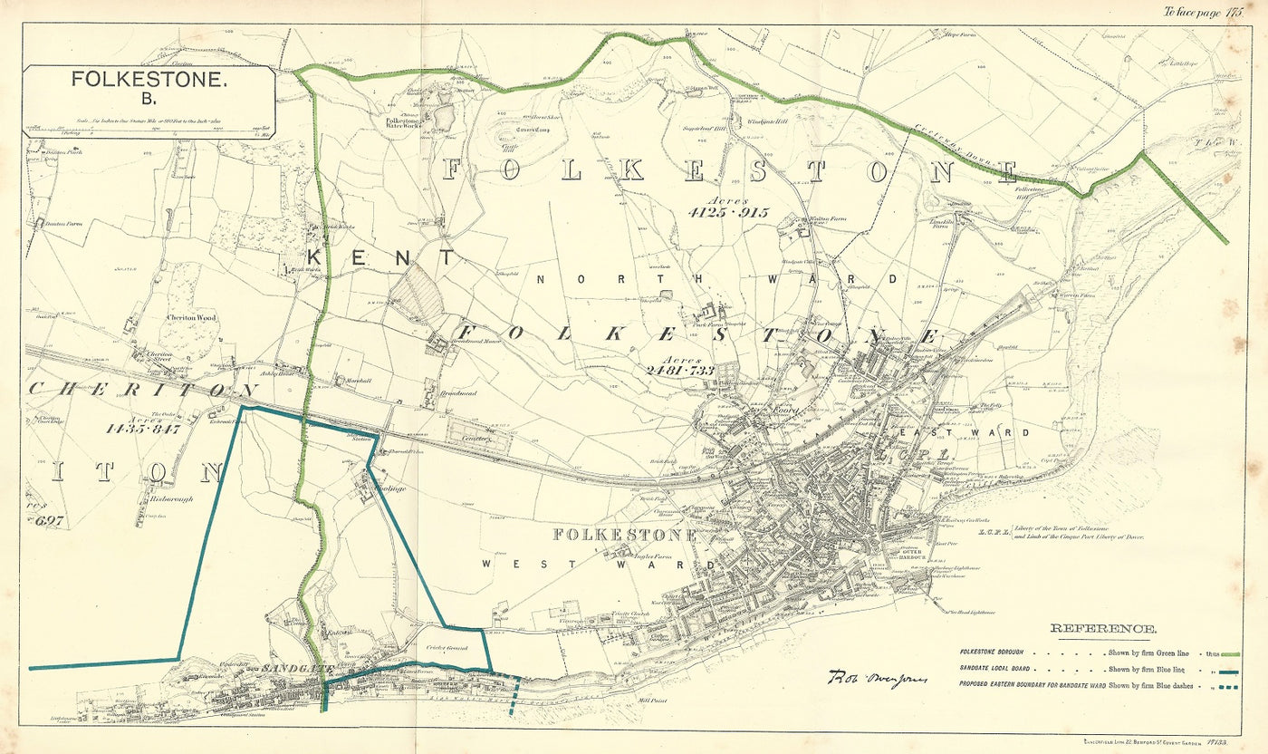 Folkestone antique map Ordnance Survey 1888
