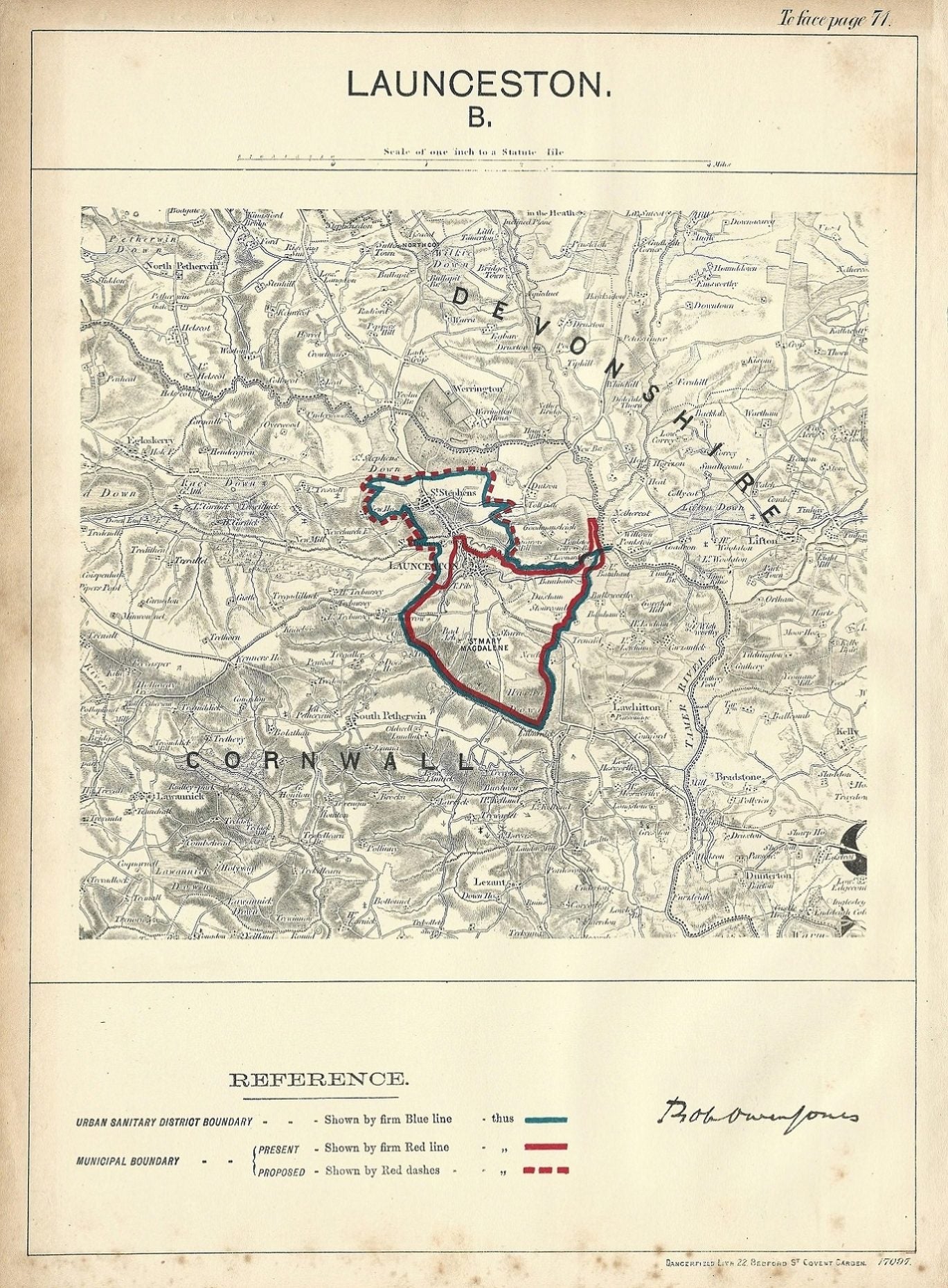 Launceston antique map Ordnance Survey Boundary Commission 1888