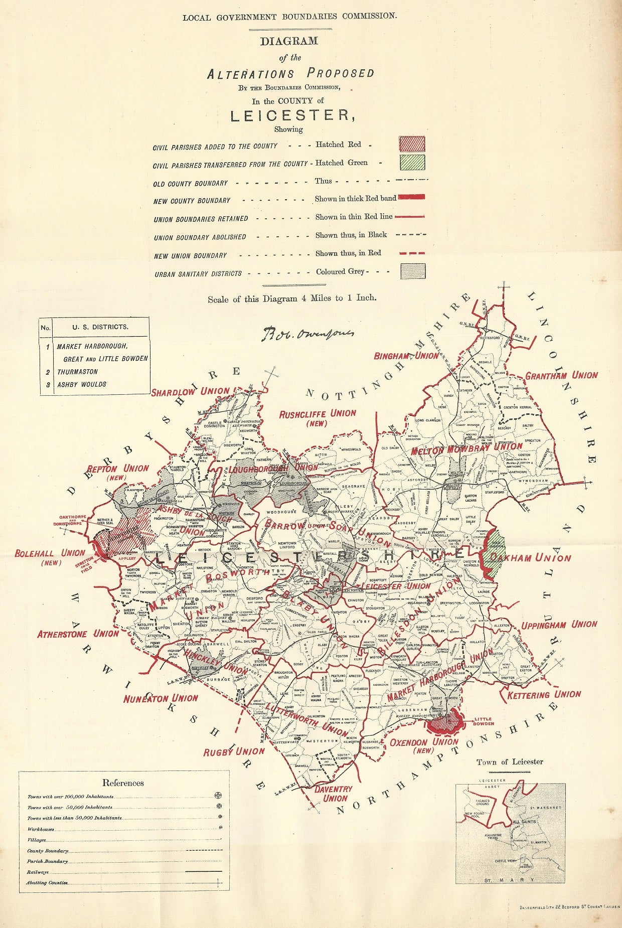 Leicestershire antique map Ordnance Survey Boundary Commission Report 1888