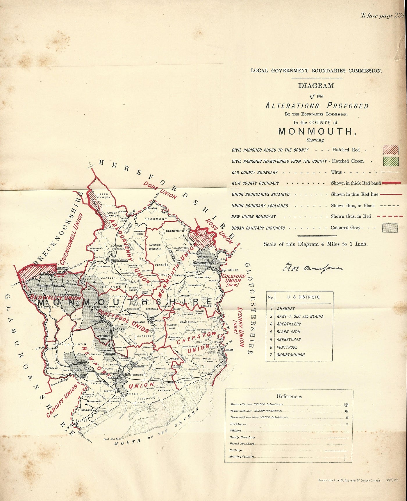 Monmouthshire antique map Ordnance Survey Boundary Commission Report1888