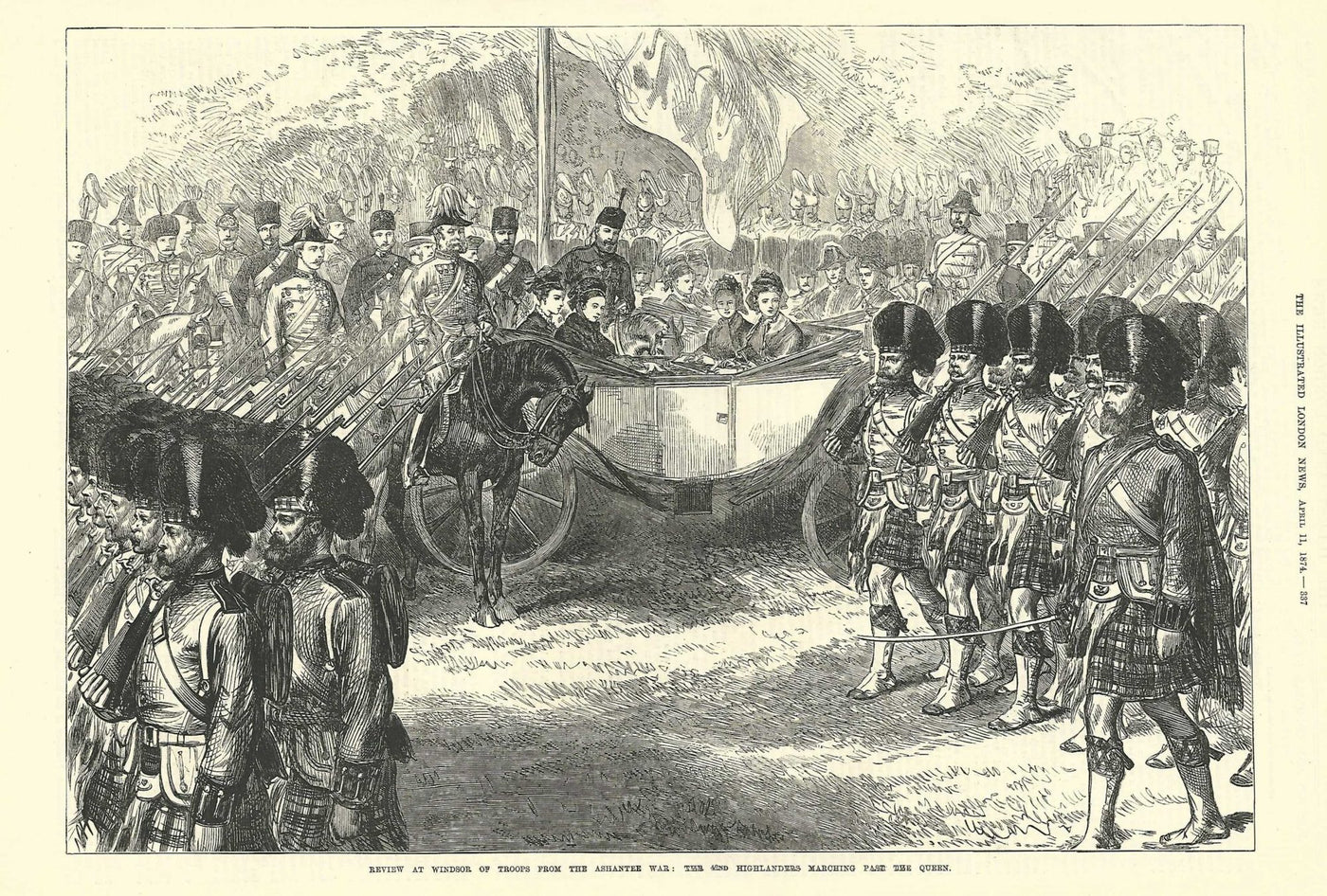 Black Watch reviewed by Queen Victoria after Ashanti War antique print 1874