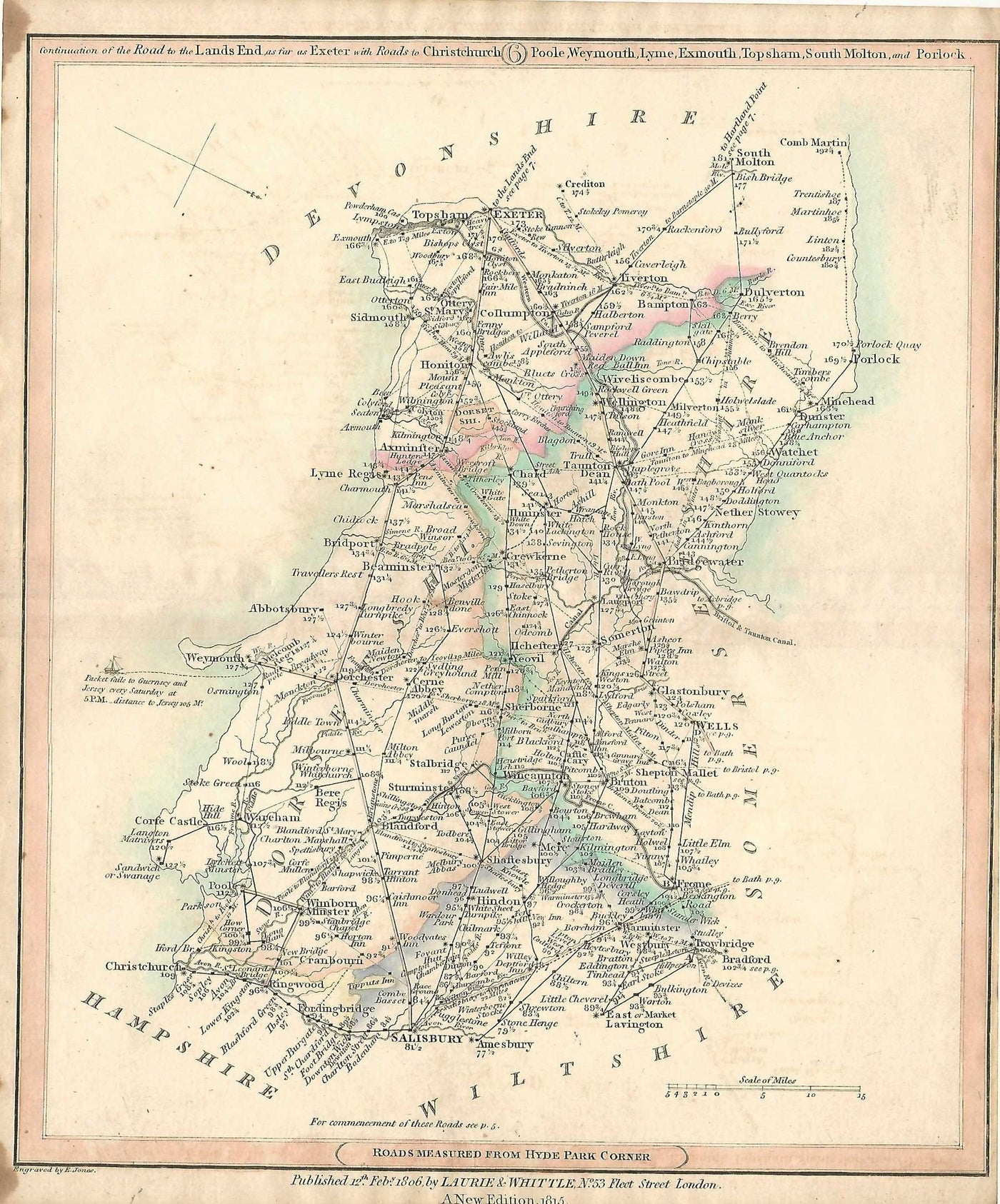 Exeter Salisbury antique road map published 1815