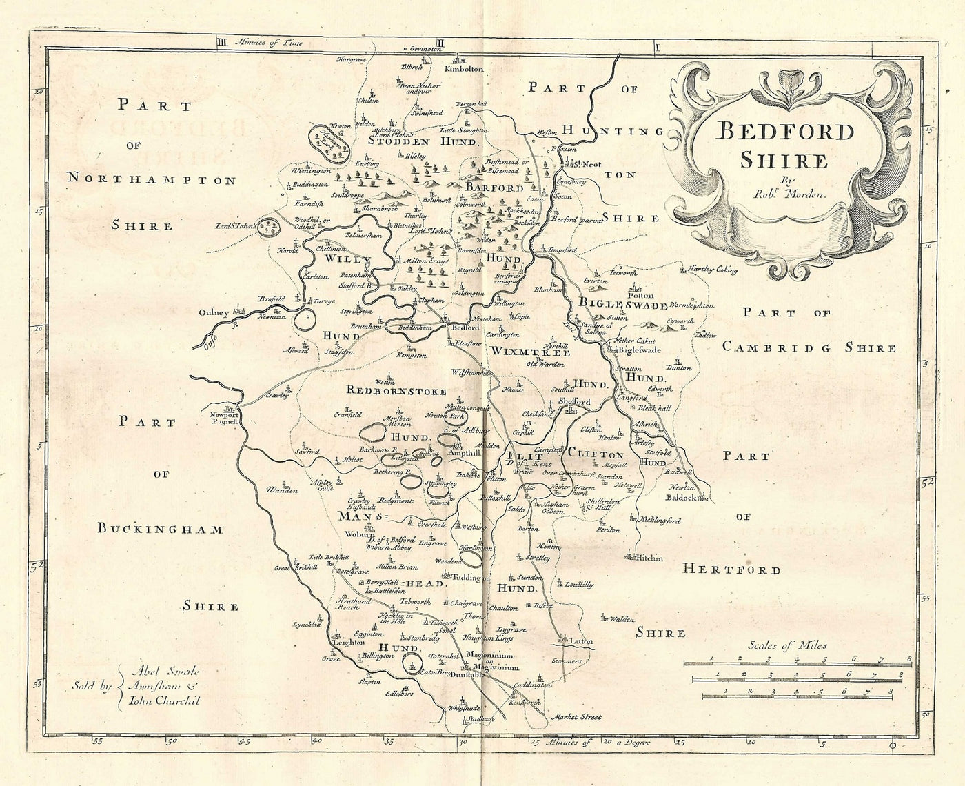 Bedfordshire antique map by Robert Morden published 1753