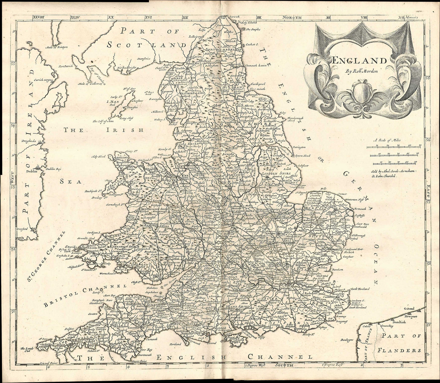 England antique map by Robert Morden published 1753