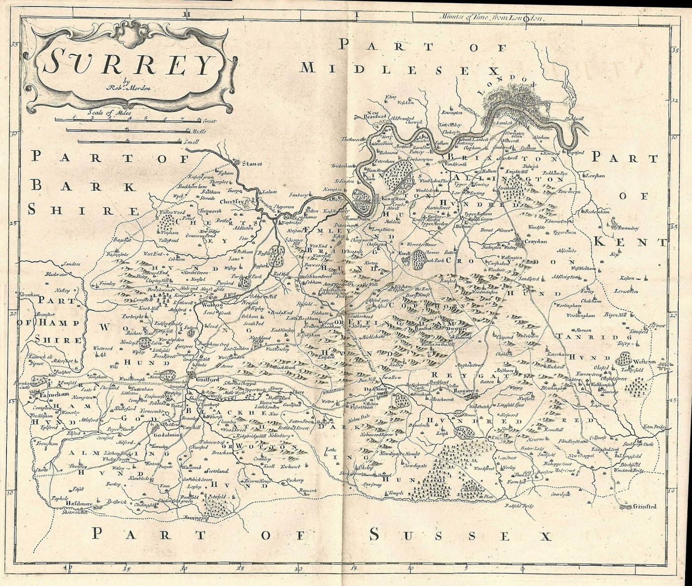 Surrey antique map by Robert Morden published 1853