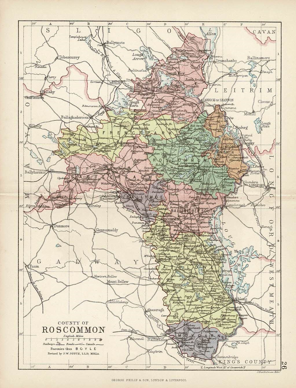 Roscommon Ireland antique map 1882