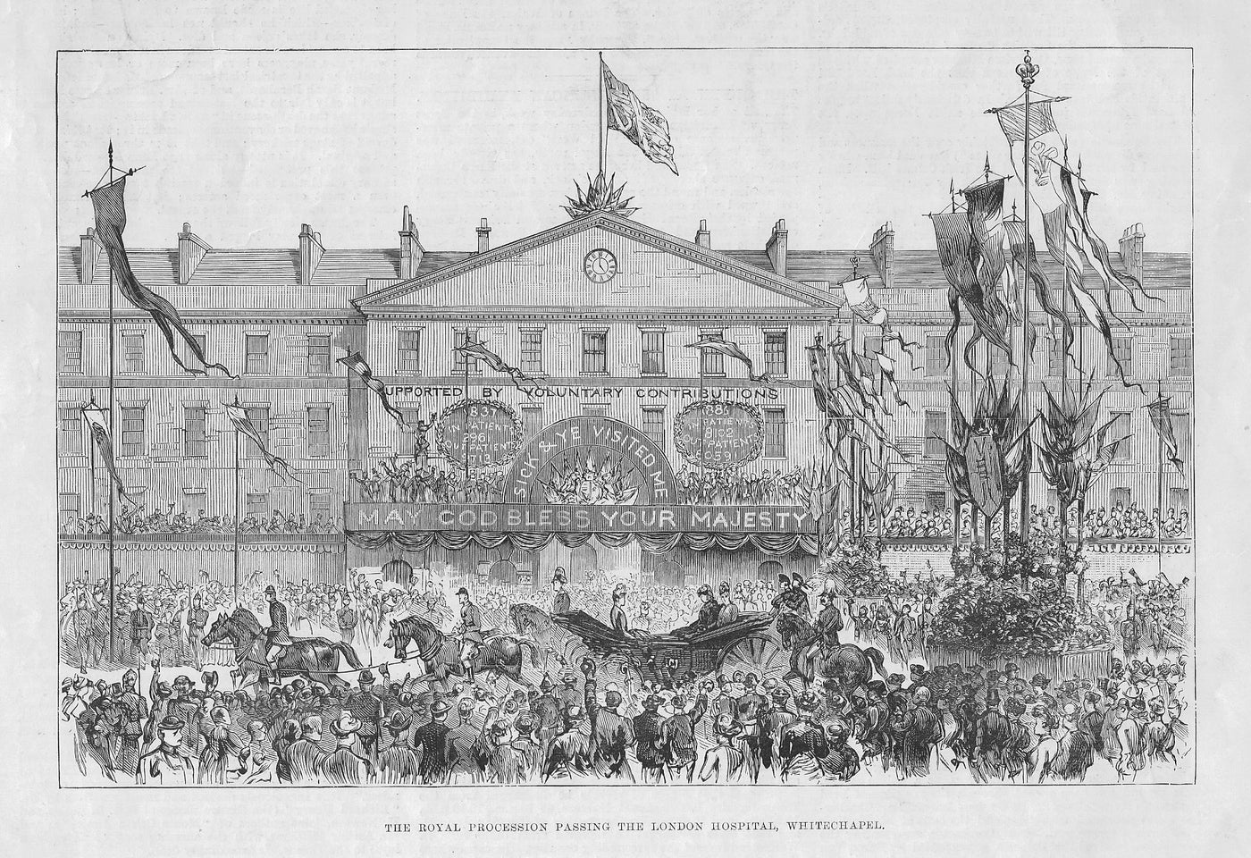 Queen Victoria's Procession passing London Hospital Whitechapel antique print 1887