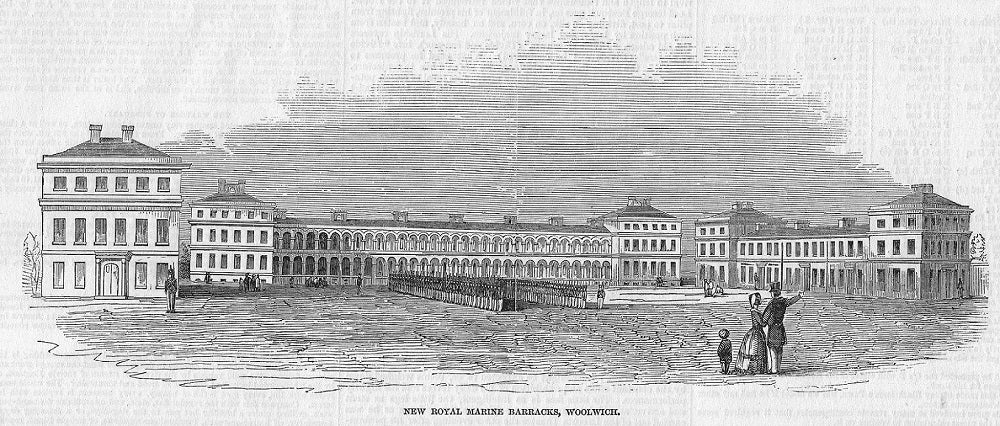 Royal Marine Barracks Woolwich antique print 1846