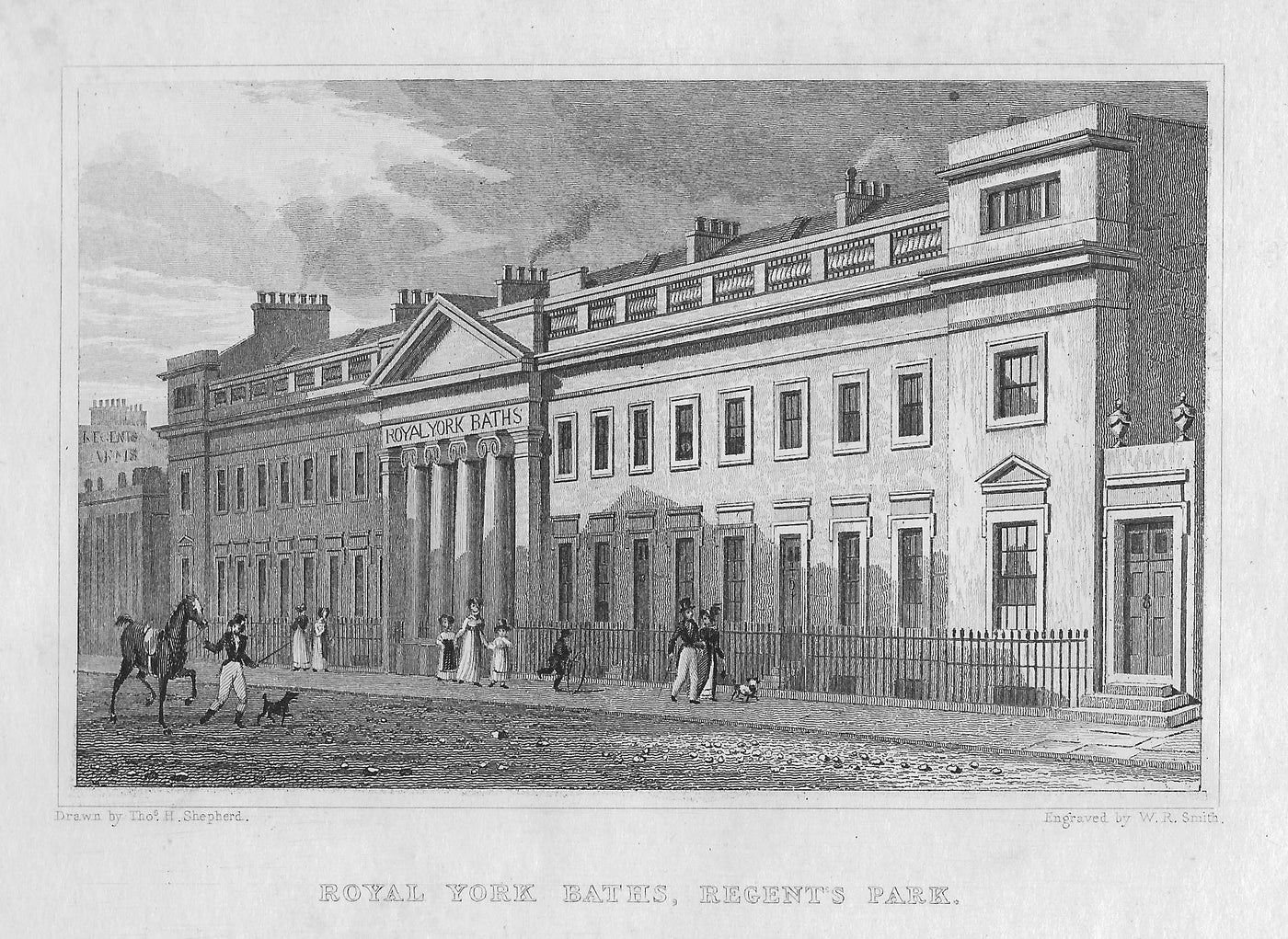 Royal York Baths, Regent's Park, London antique print 1830