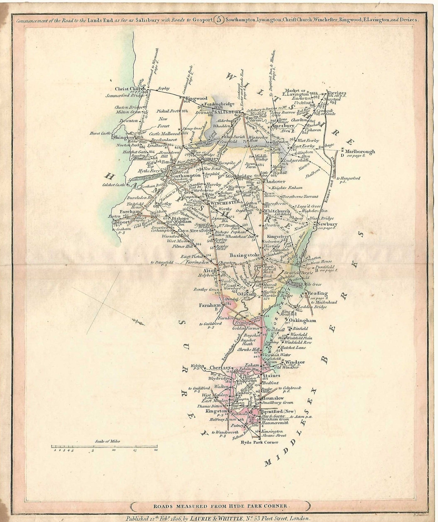 Salisbury road from Hyde Park Corner London antique map 1815