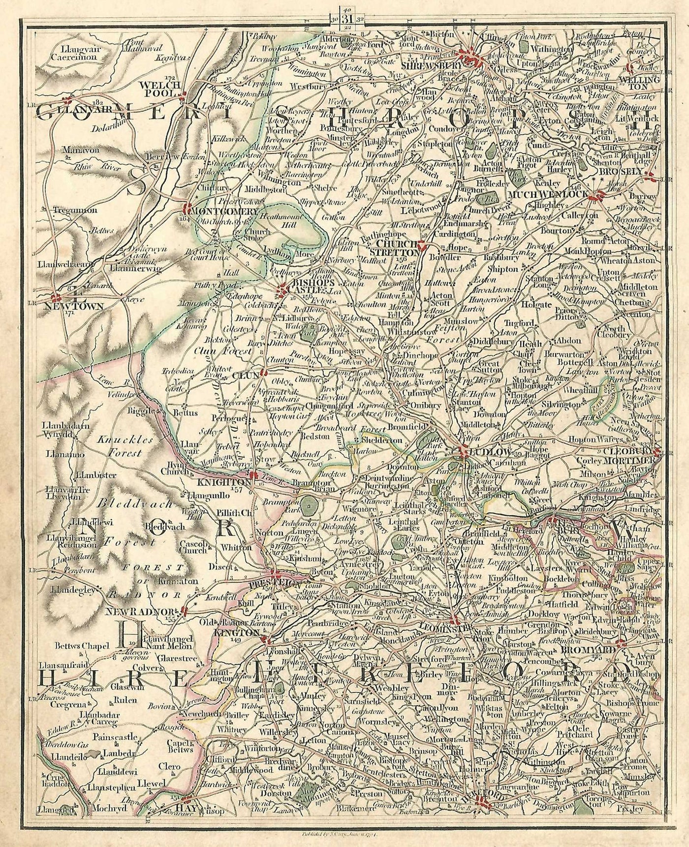 Shropshire Shrewsbury Ludlow Herefordshire Hereford antique map 1794