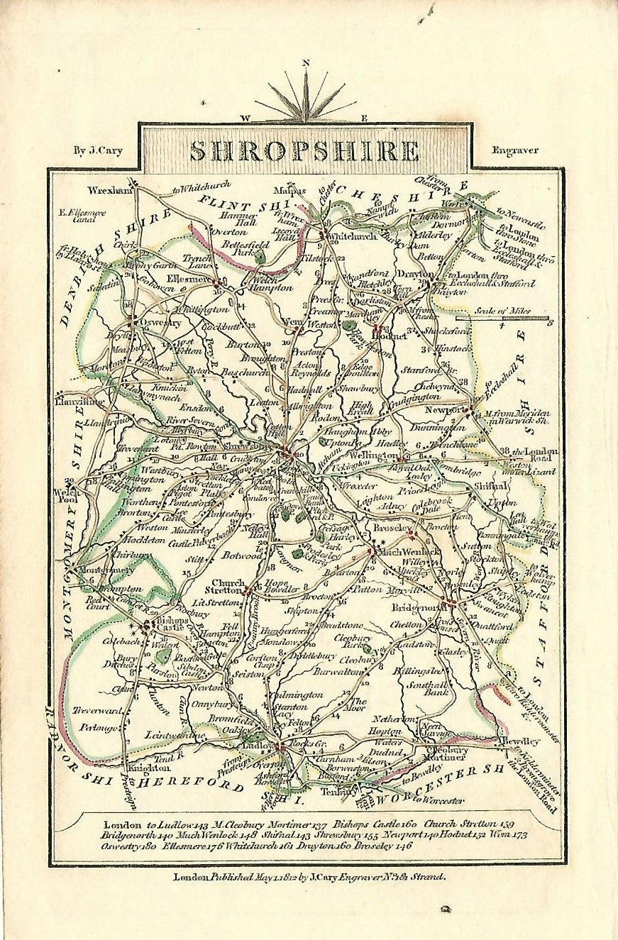 Shropshire antique map by Georgian cartographer John Cary published 1812