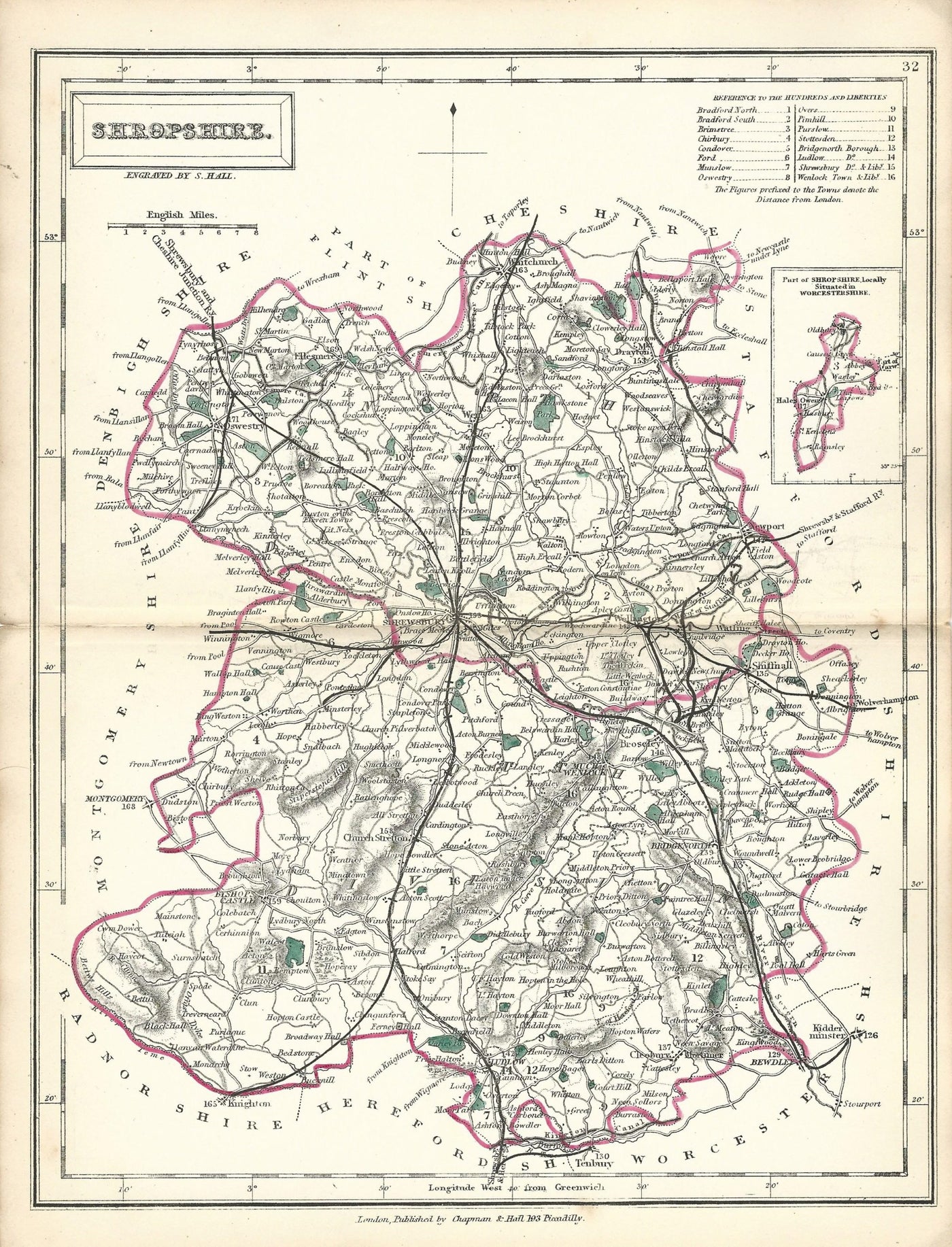 Shropshire antique map from Sidney Hall's English Counties 1860