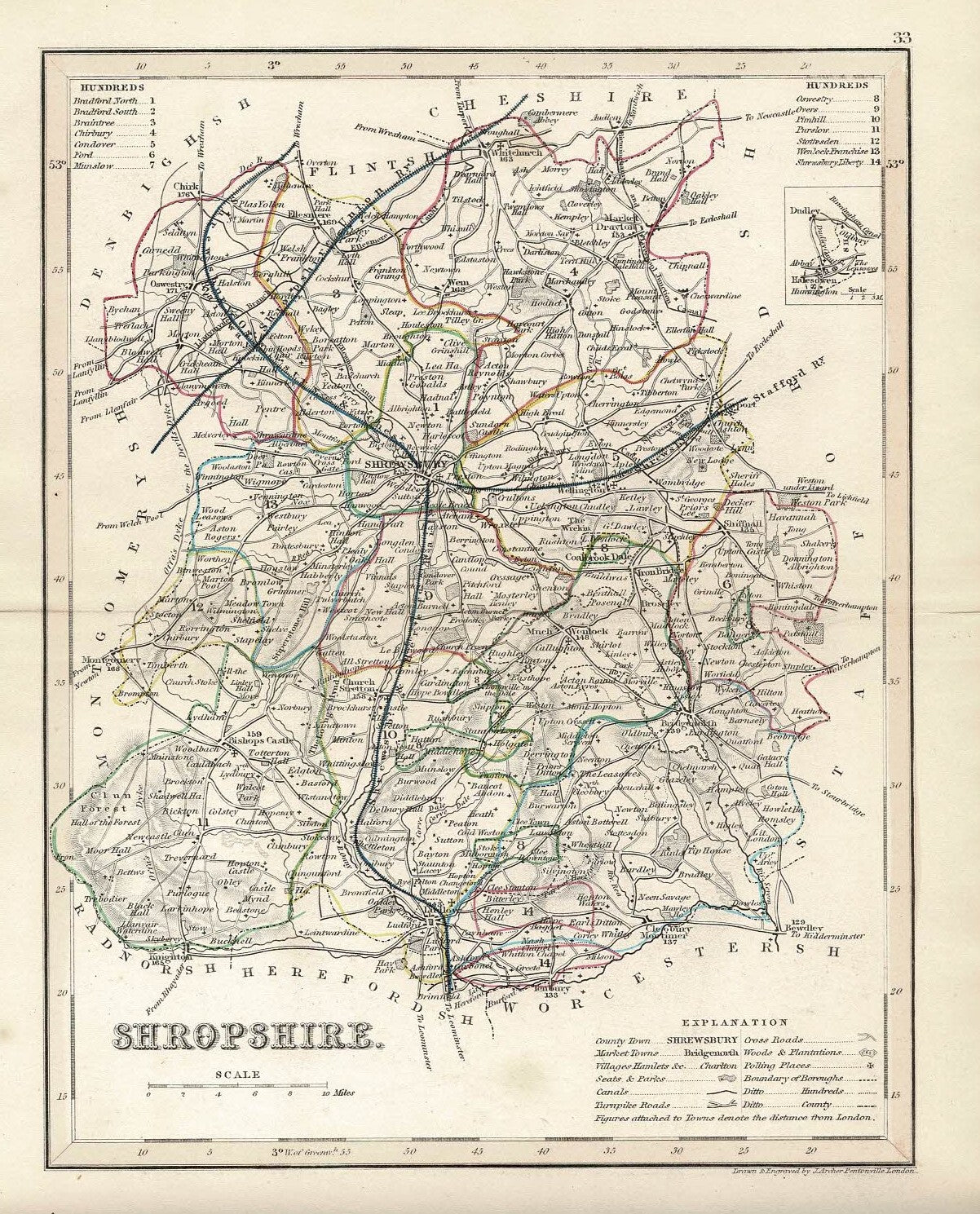 Shropshire Salop antique map 1845