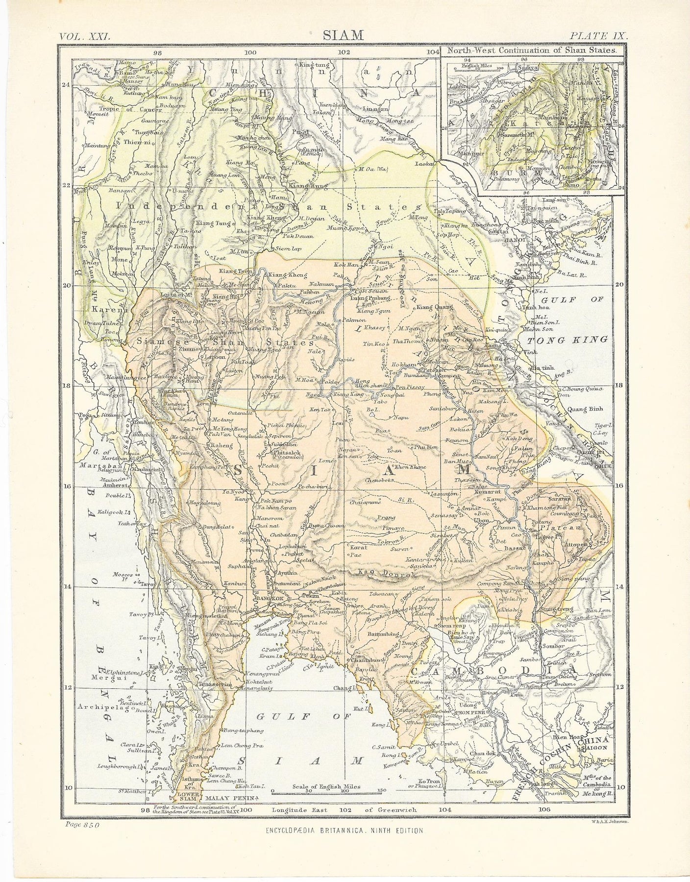 Siam Thailand antique map from Encyclopaedia Britannica c1889 – Maps ...