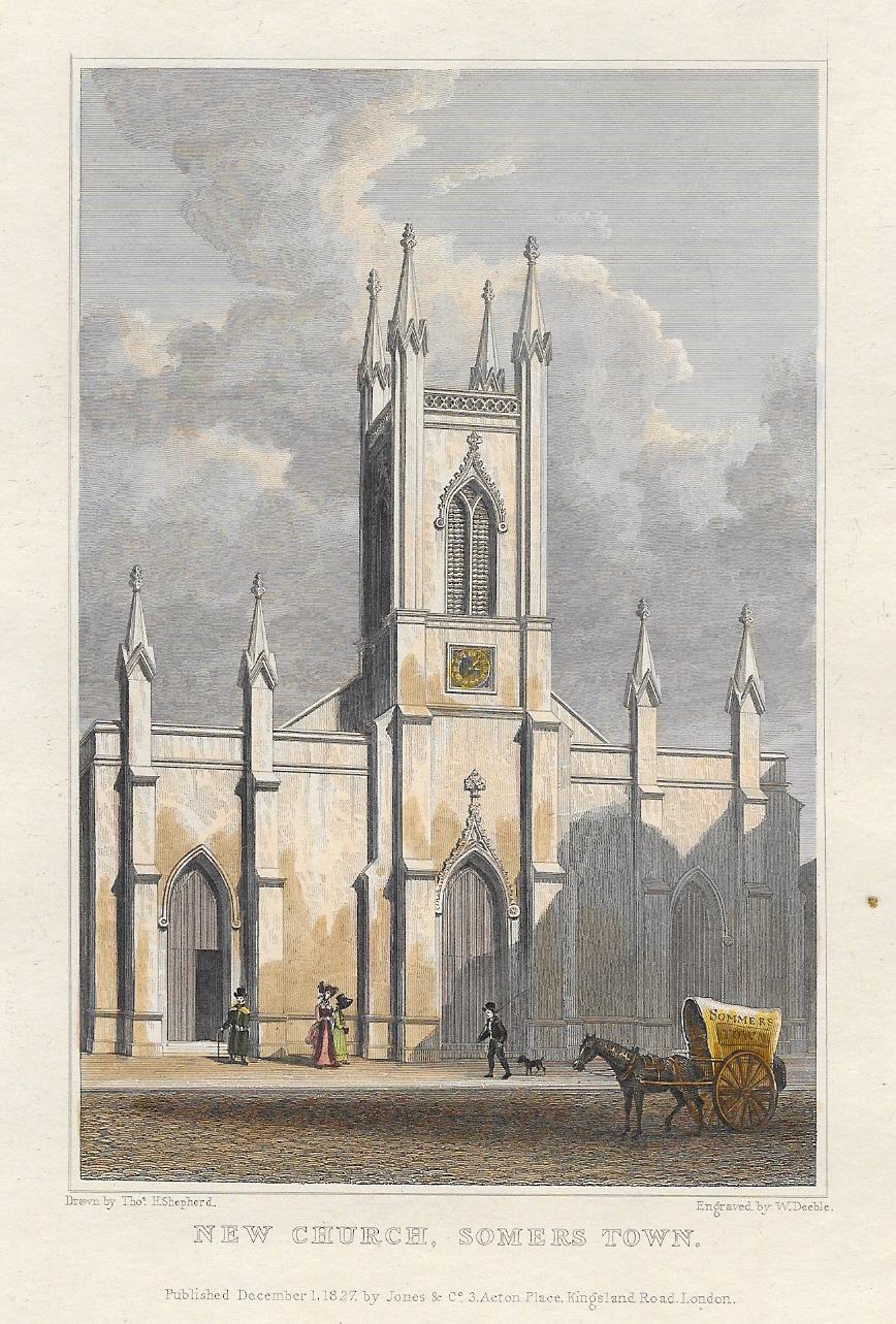 St Mary's Church Camden Somers Town antique print 1828