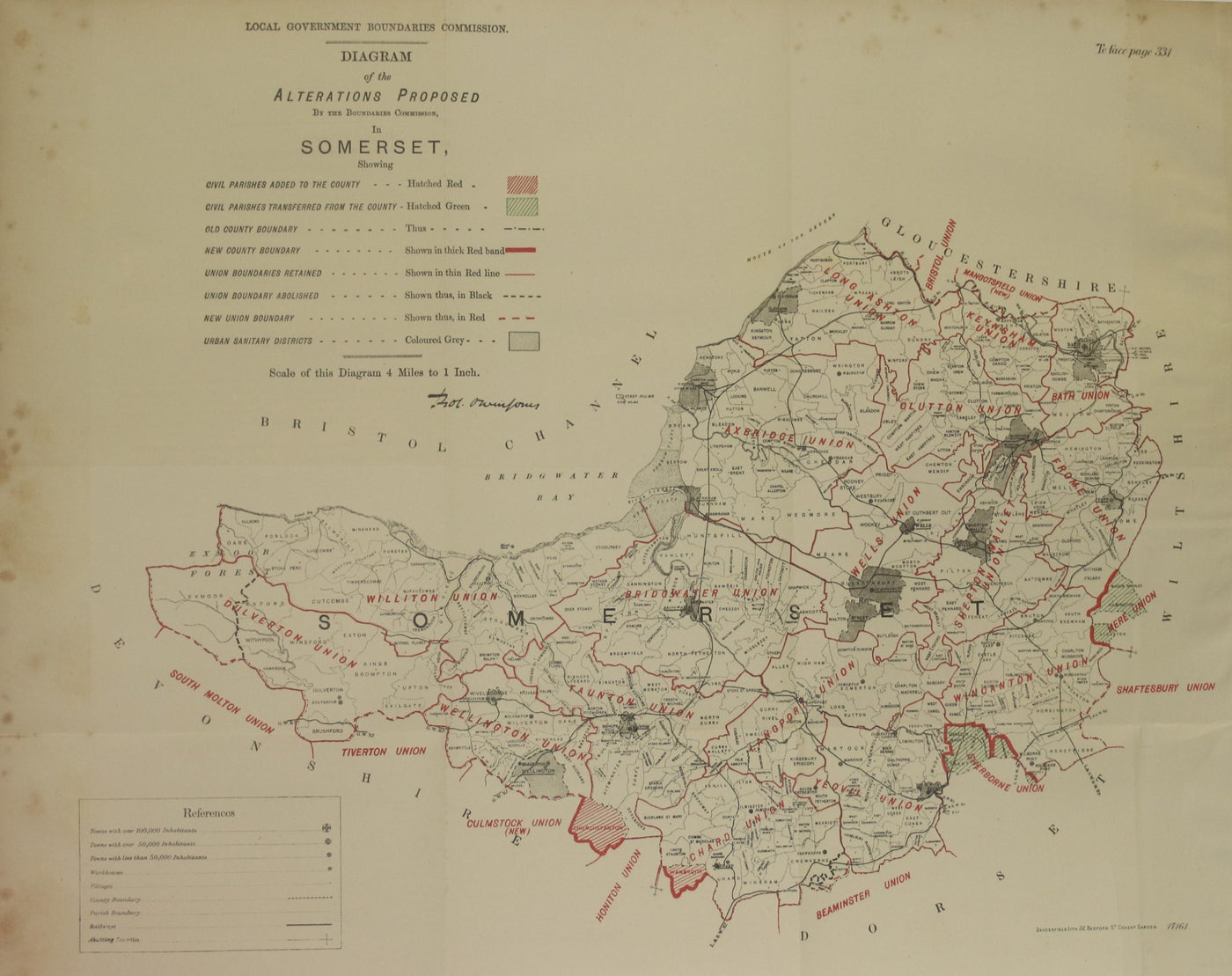 Somerset antique map Ordnance Survey Boundary Commission Report published 1888