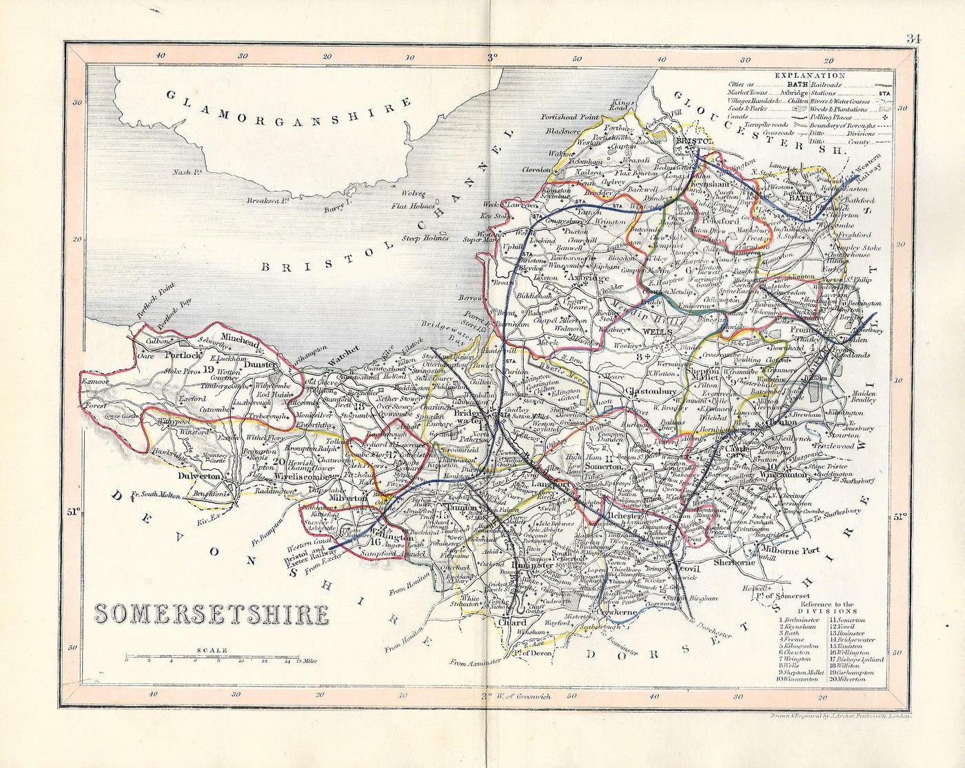 Somerset (Somersetshire) antique map 1845