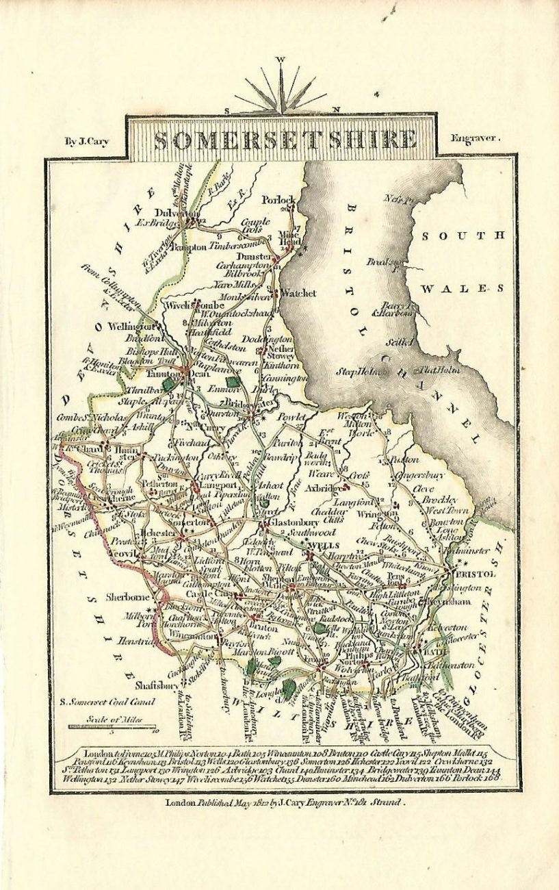 Somerset antique map by Georgian cartographer John Cary published 1812