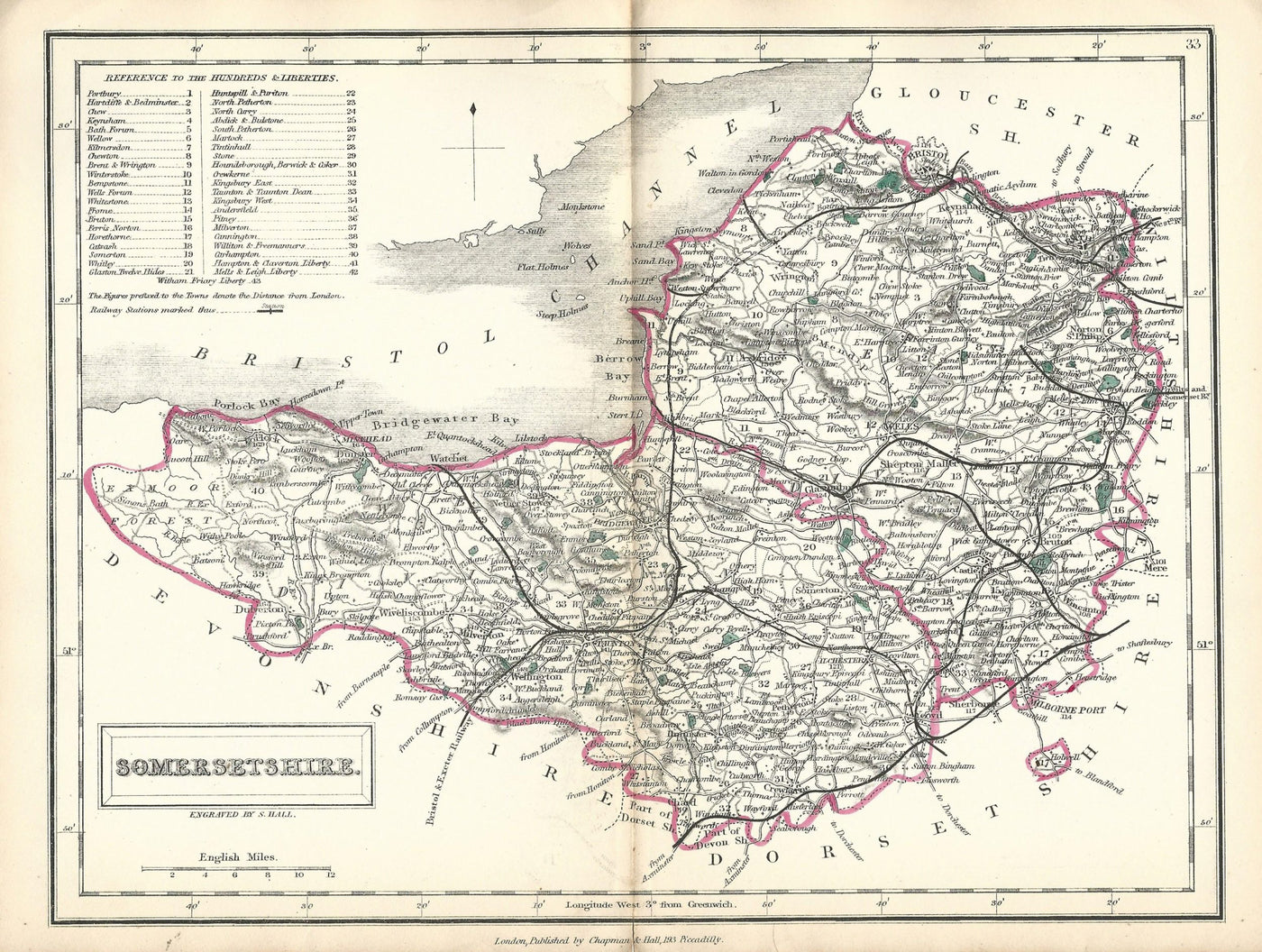 Somersetshire antique map (Somerset) published1860