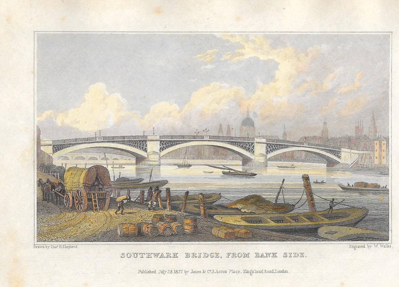 Southwark Bridge St Paul's Cathedral London antique print 1830