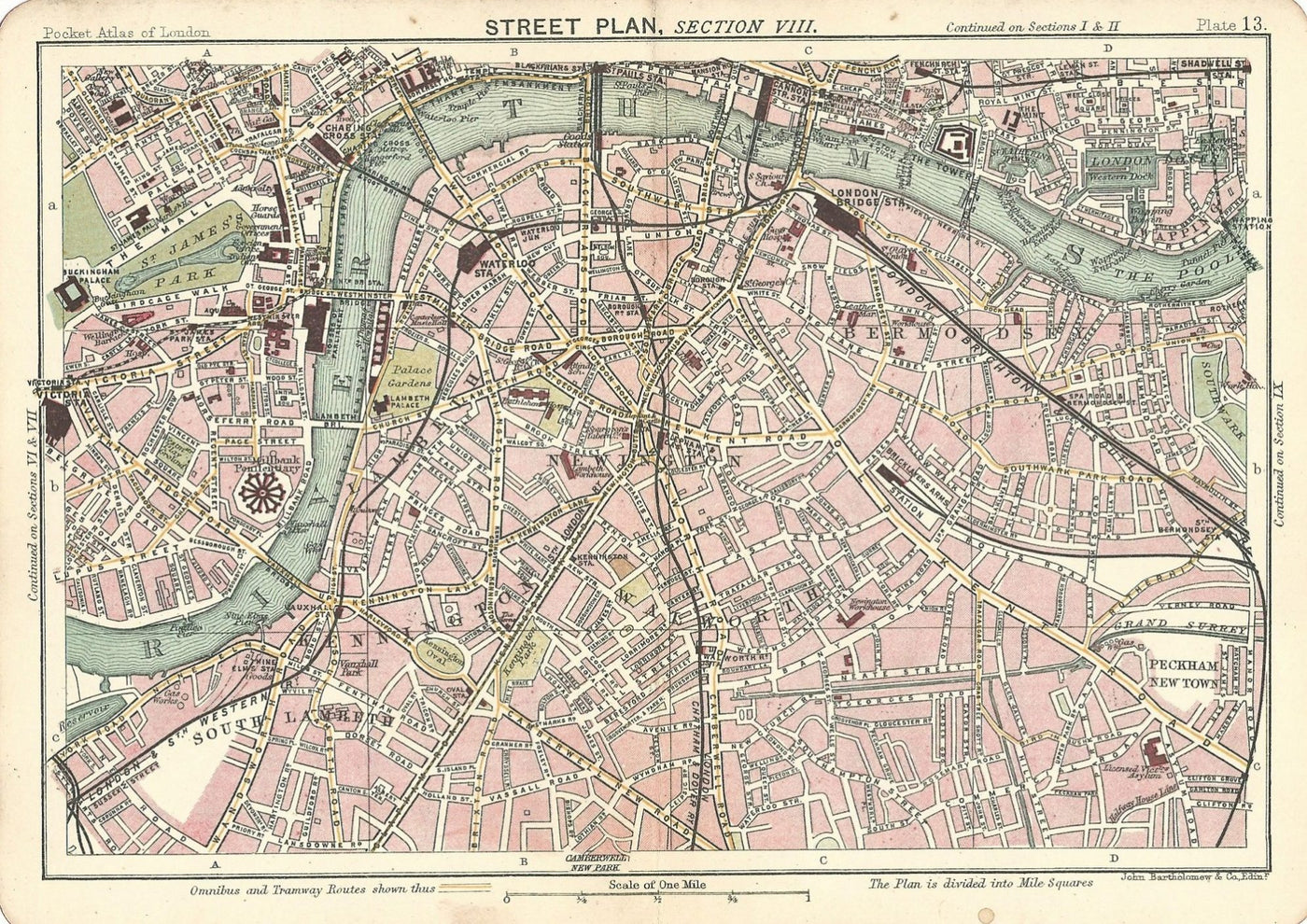 Southwark Lambeth Westminster antique map 1891