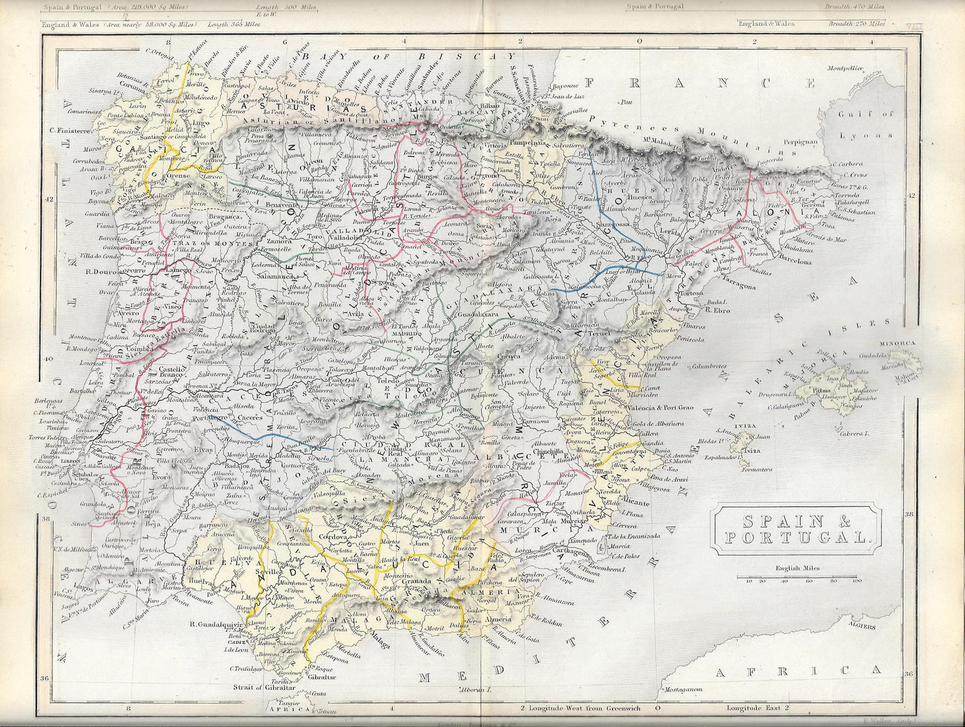 Spain Portugal antique map 1871